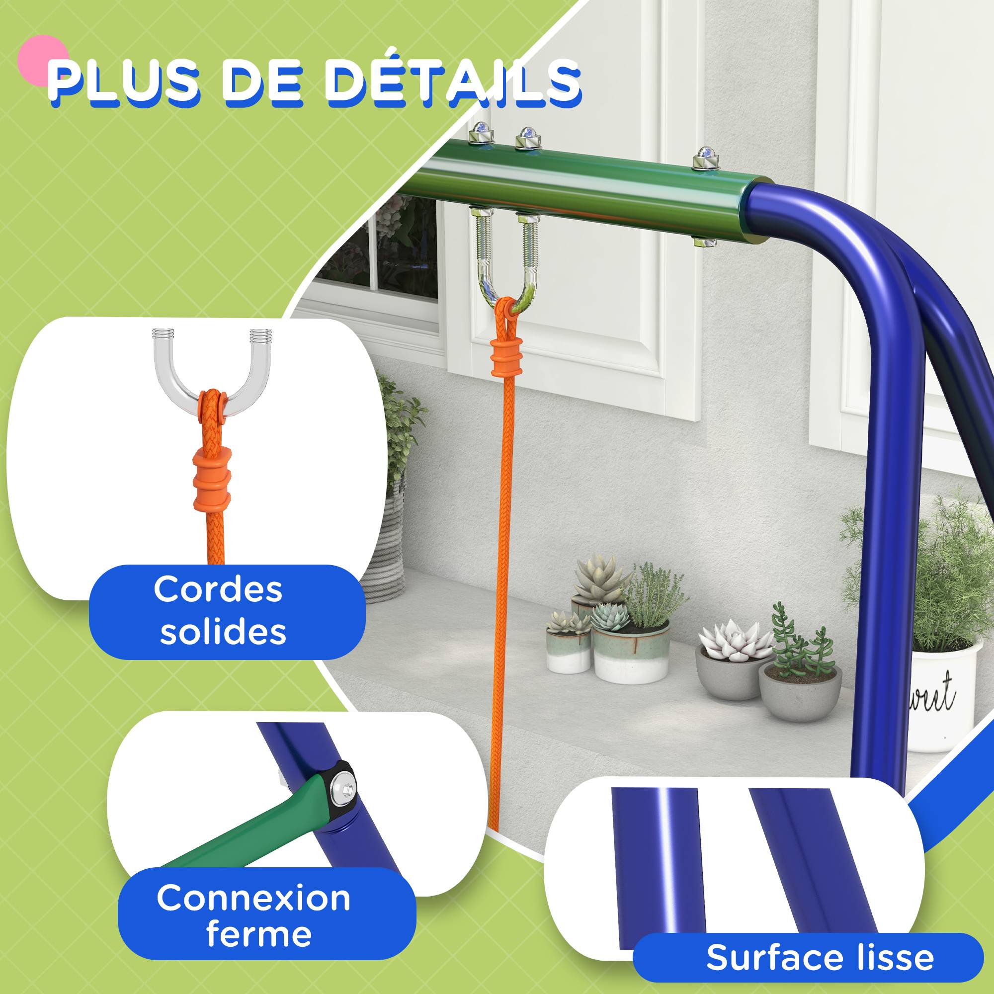 Balançoire portique balançoire pour enfants avec 2 siège de balançoire structure en métal charge max. 90 kg multicolore - Image 8