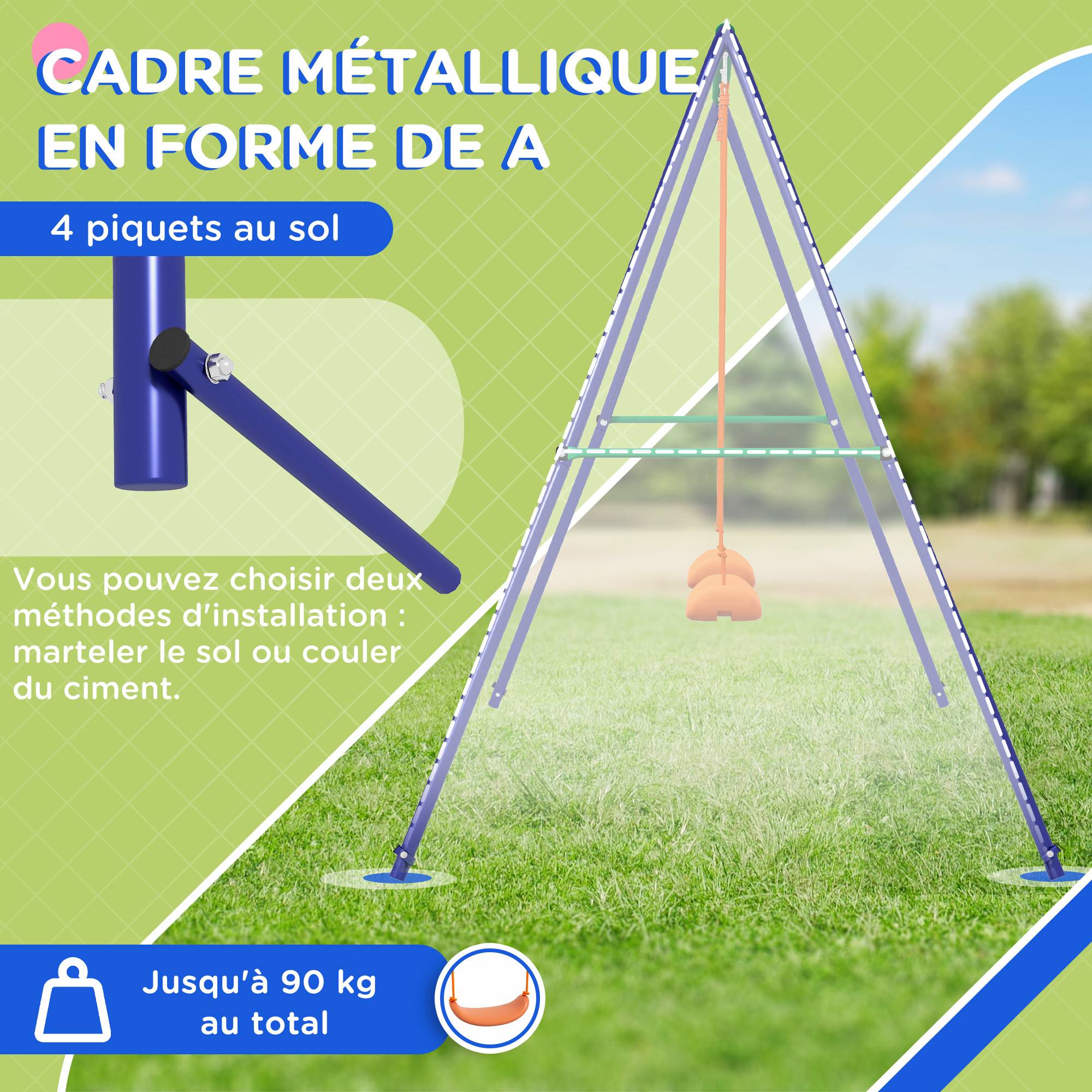 Balançoire portique balançoire pour enfants avec 2 siège de balançoire structure en métal charge max. 90 kg multicolore - Image 7