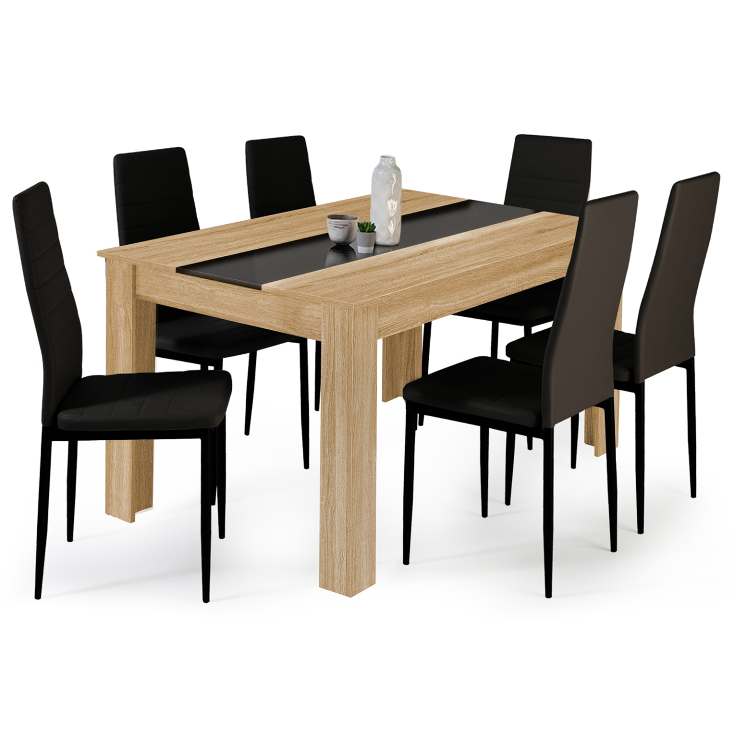Ensemble table à manger GEORGIA 140 cm imitation hêtre et noire et 6 chaises ROMANE noires - Image 2