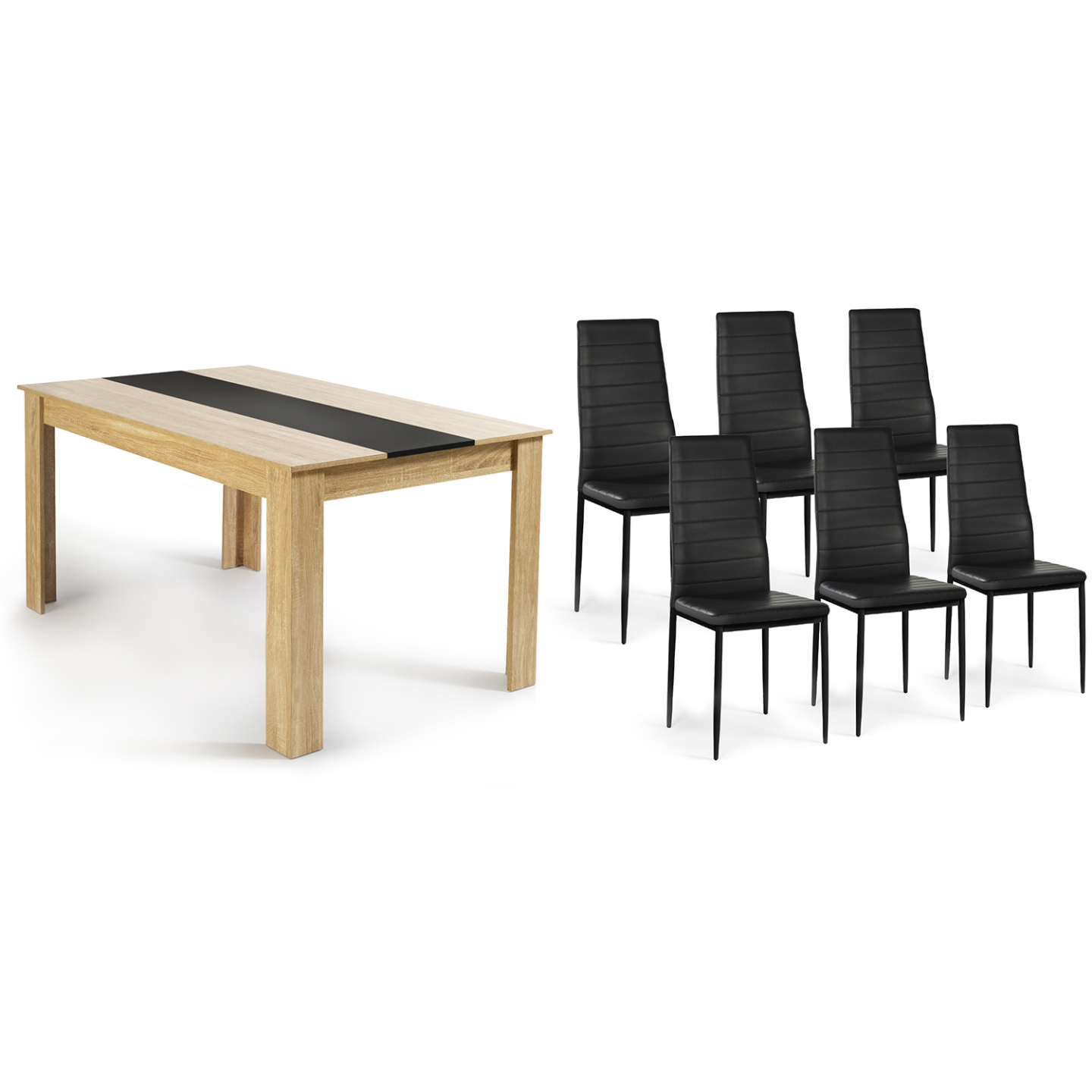 Ensemble table à manger GEORGIA 140 cm imitation hêtre et noire et 6 chaises ROMANE noires - Image 5