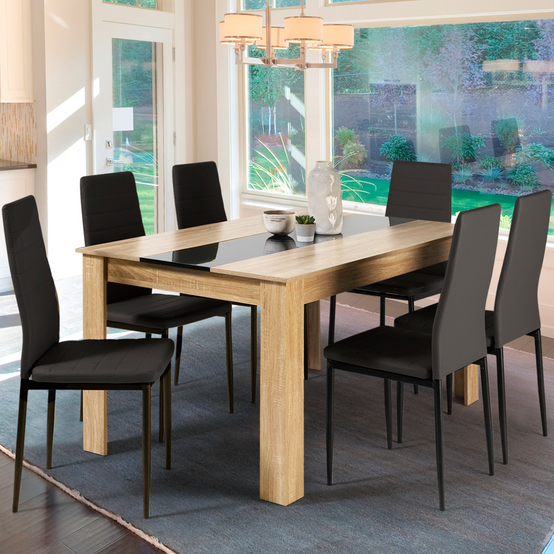 Ensemble table à manger GEORGIA 140 cm imitation hêtre et noire et 6 chaises ROMANE noires - Image 1