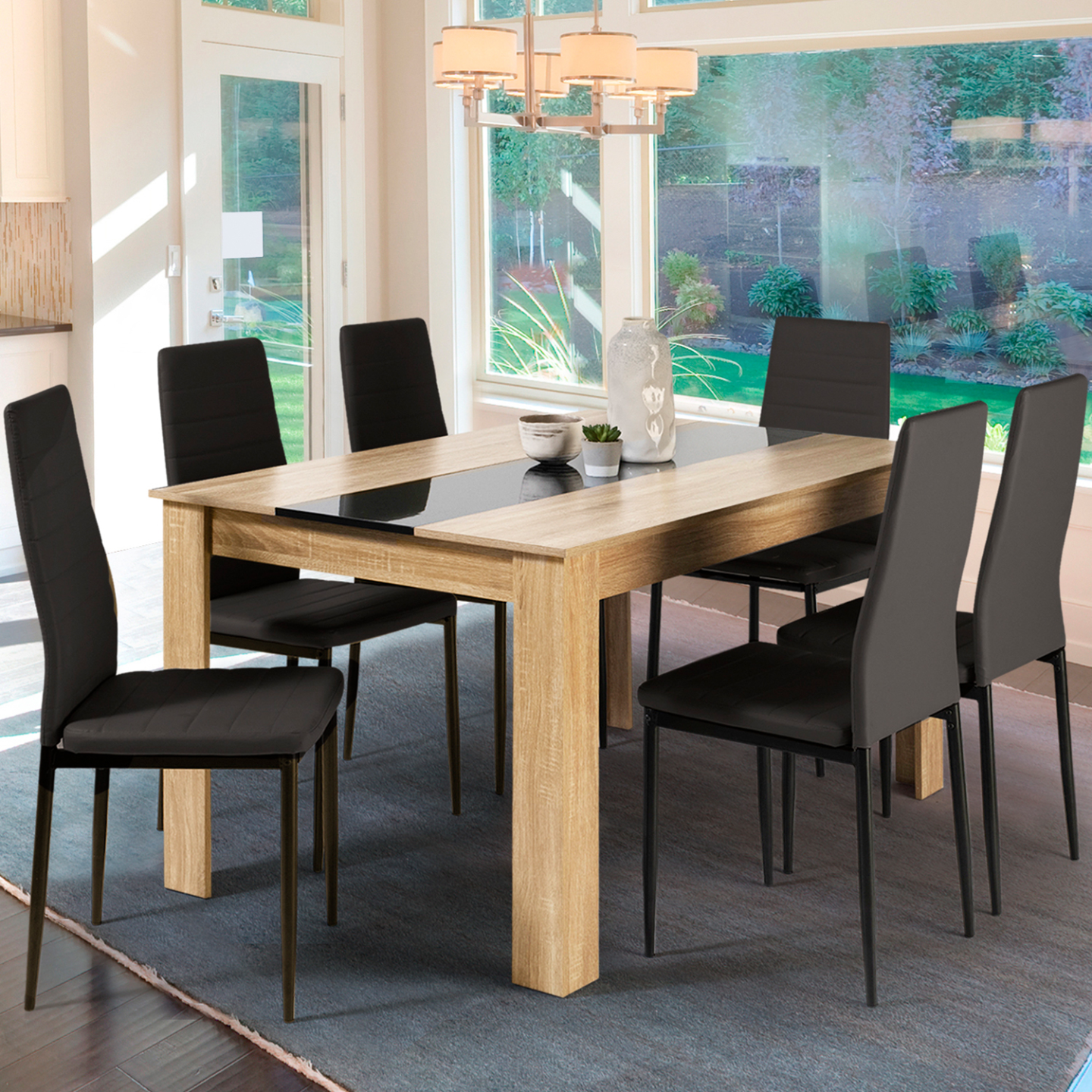 Ensemble table à manger GEORGIA 140 cm imitation hêtre et noire et 6 chaises ROMANE noires - Image 1