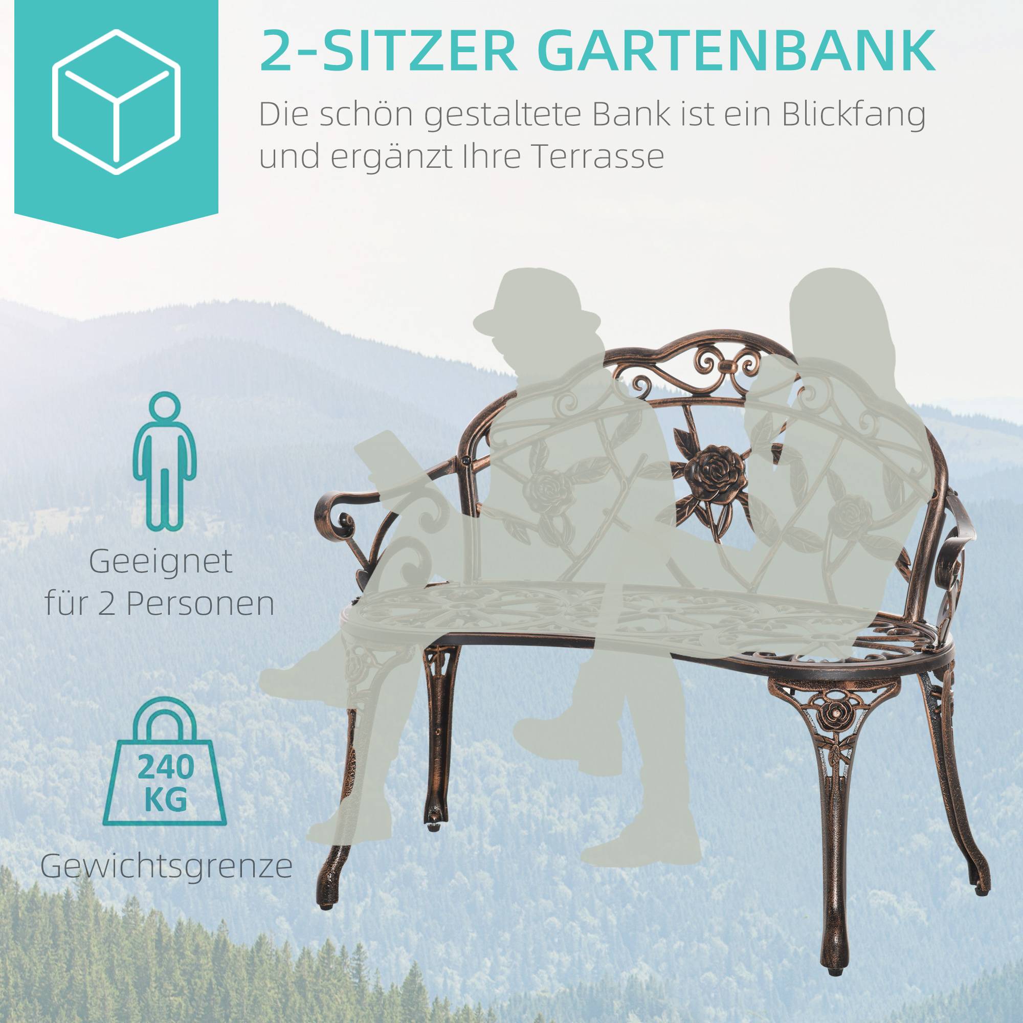 Banc de jardin 2 places en métal, style rétro, motif floral, 100 x 54 x 78 cm, bronze - Image 8