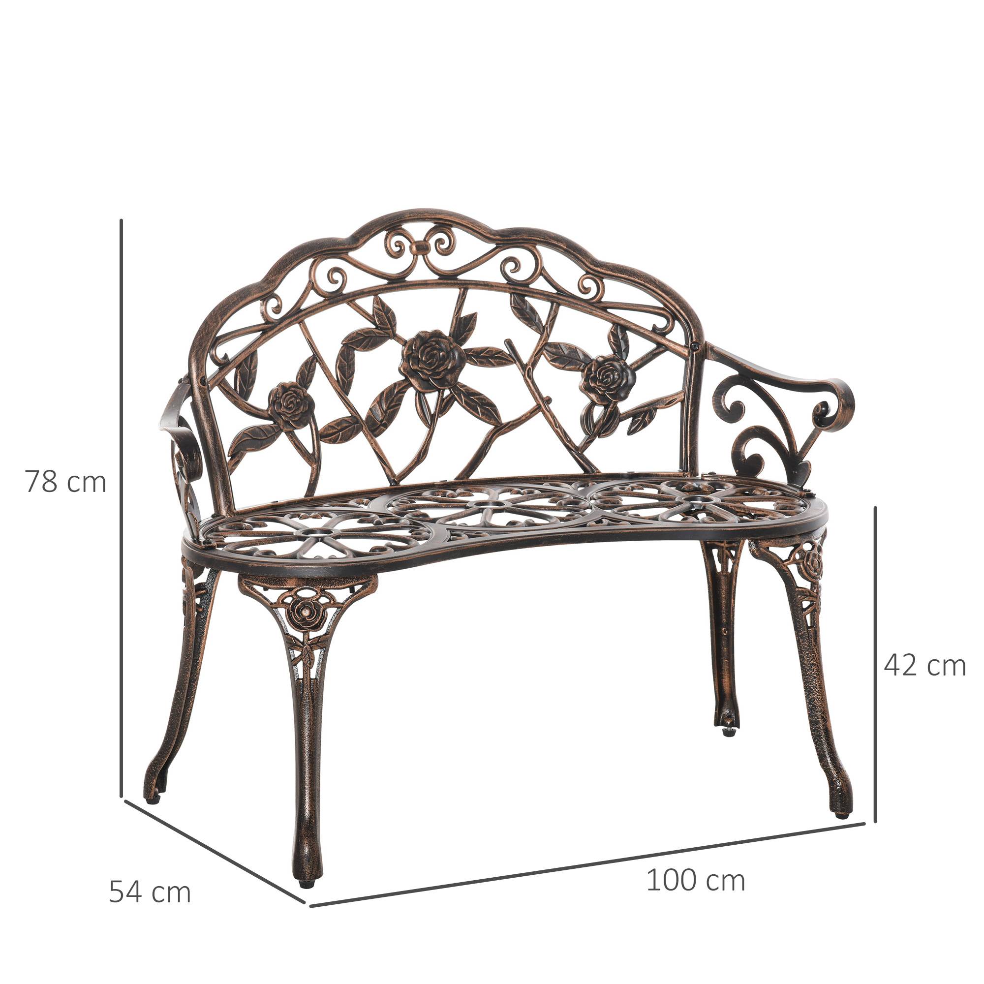 Banc de jardin 2 places en métal, style rétro, motif floral, 100 x 54 x 78 cm, bronze - Image 5