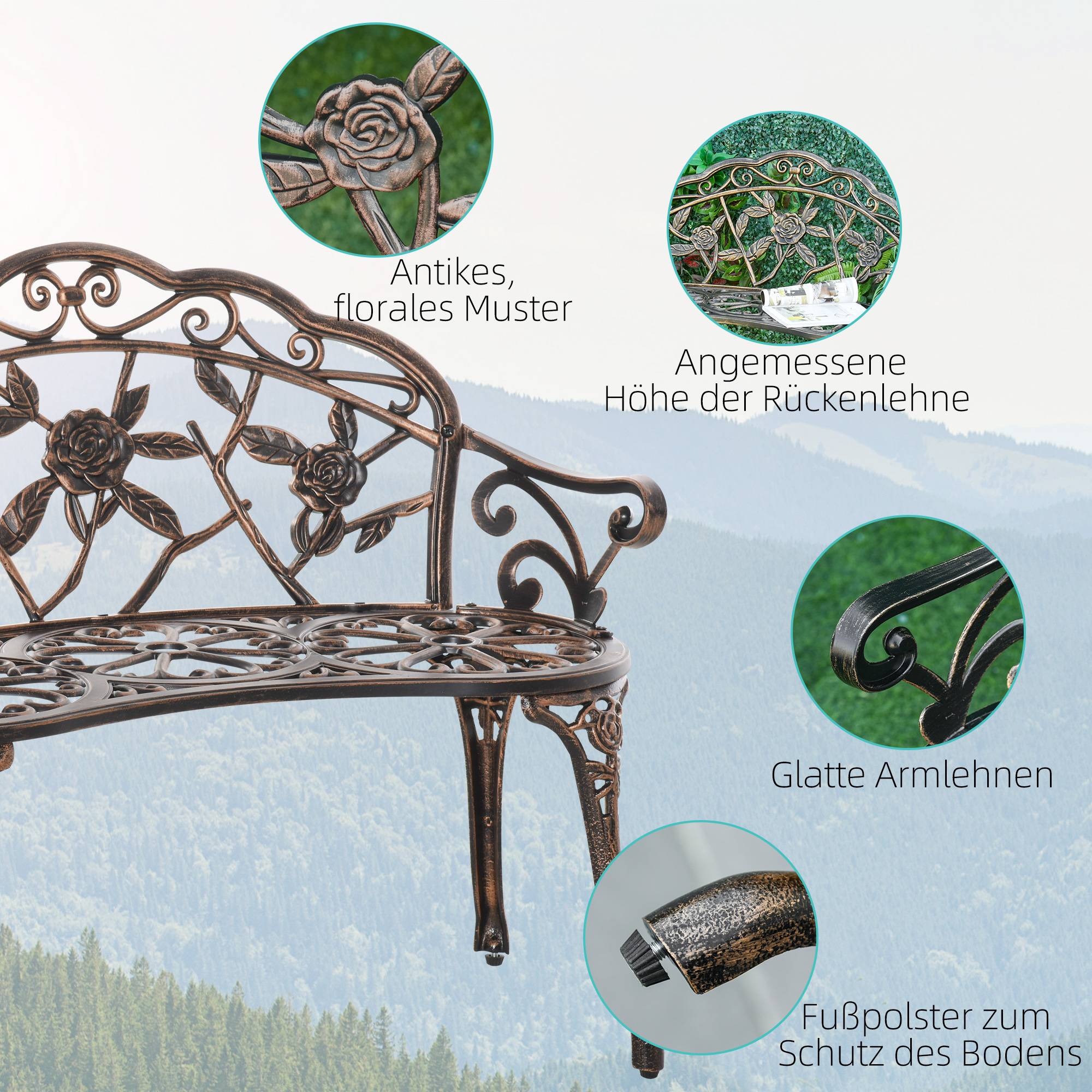 Banc de jardin 2 places en métal, style rétro, motif floral, 100 x 54 x 78 cm, bronze - Image 7