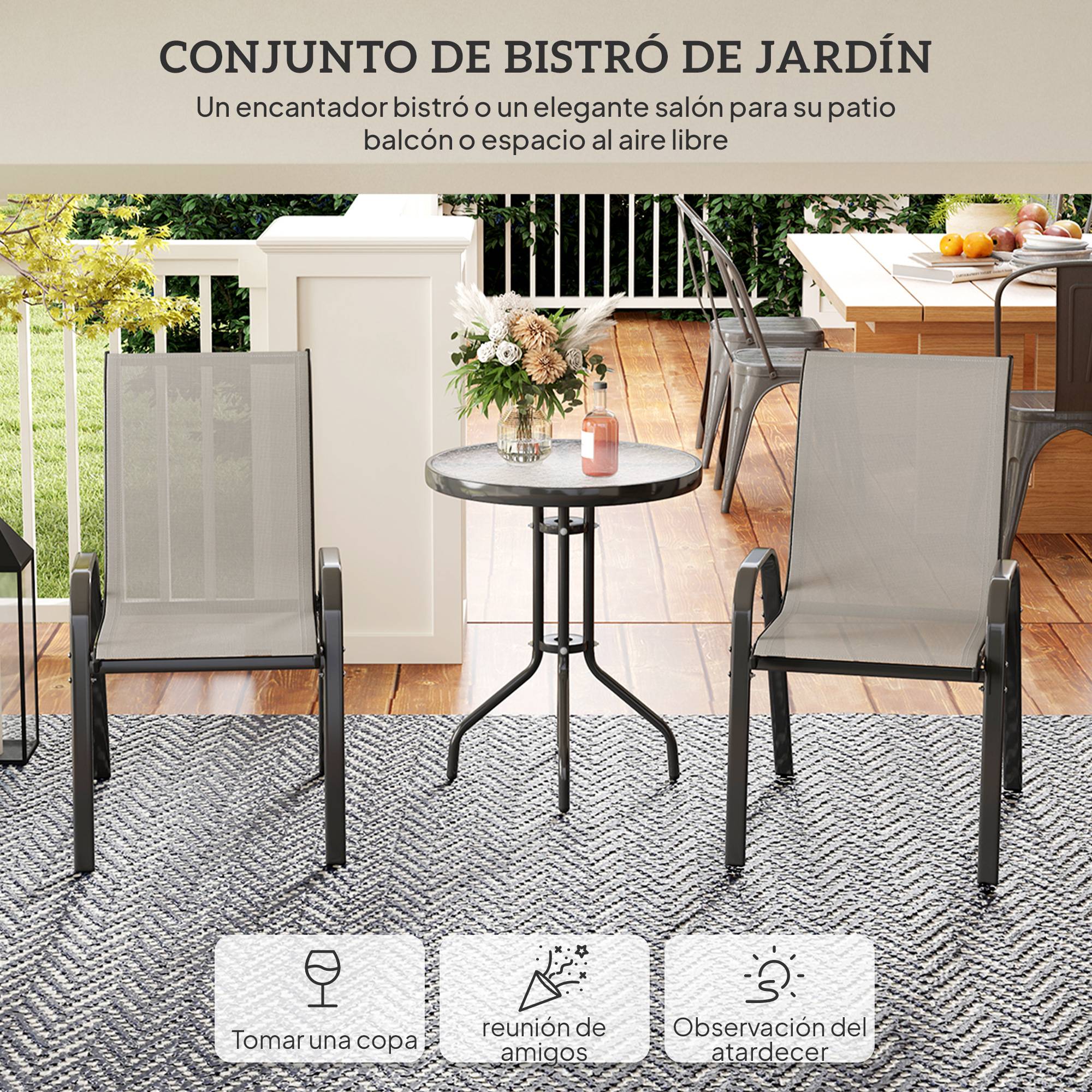 Ensemble de jardin 3 pièces acier textylène terrasse chaises empilables gris clair - ComfortXL Outdoor Living - Image 6