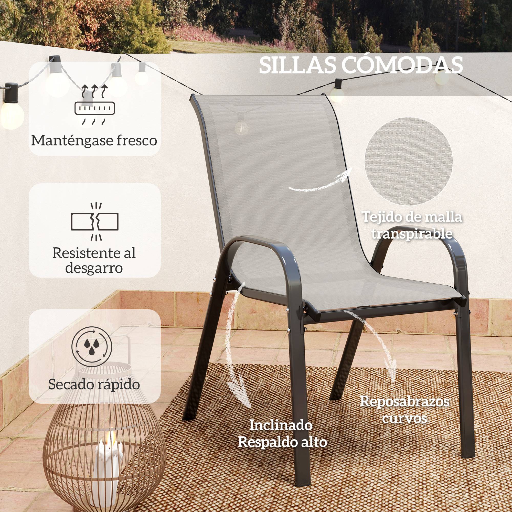 Ensemble de jardin 3 pièces acier textylène terrasse chaises empilables gris clair - ComfortXL Outdoor Living - Image 8