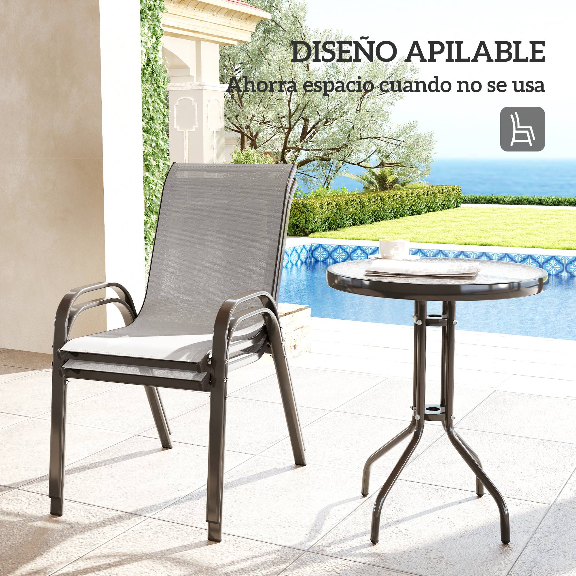 Ensemble de jardin 3 pièces acier textylène terrasse chaises empilables gris clair - ComfortXL Outdoor Living - Image 7