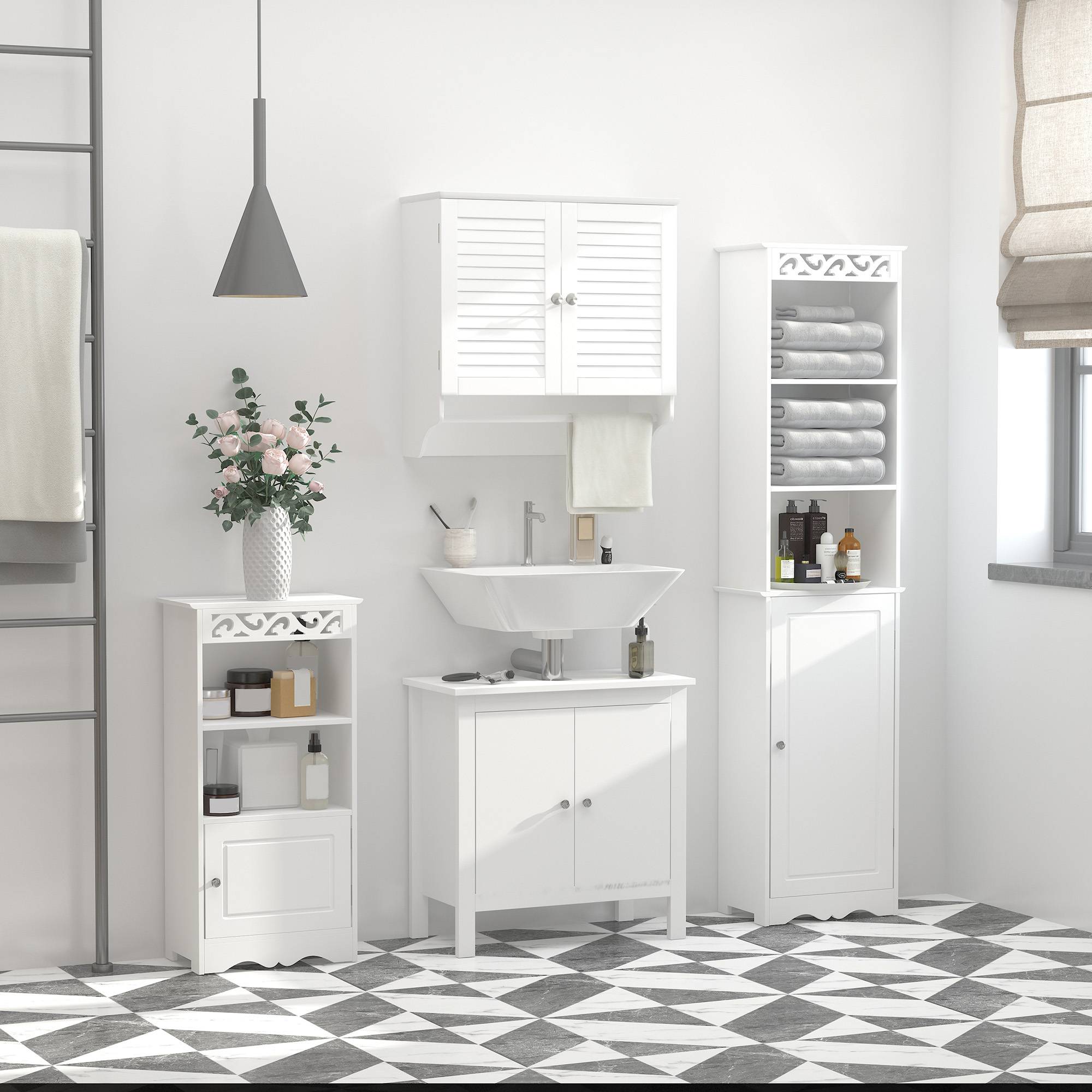 Sans Marque - Meuble salle bain mural 2 portes enroulement étagère porte-serviettes appoint suspendu cuisine 60x23x60 cm blanc - Image 3