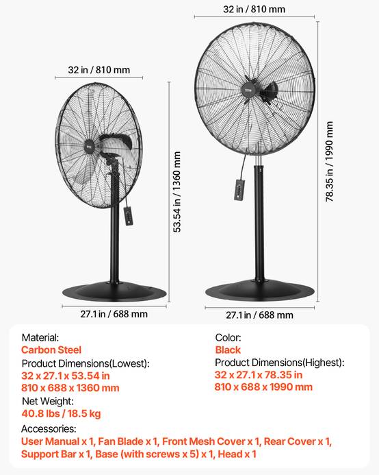 VEVOR Ventilateur pied industriel 688 mm, oscillant 85°, 9100 CFM, noir. - Image 7