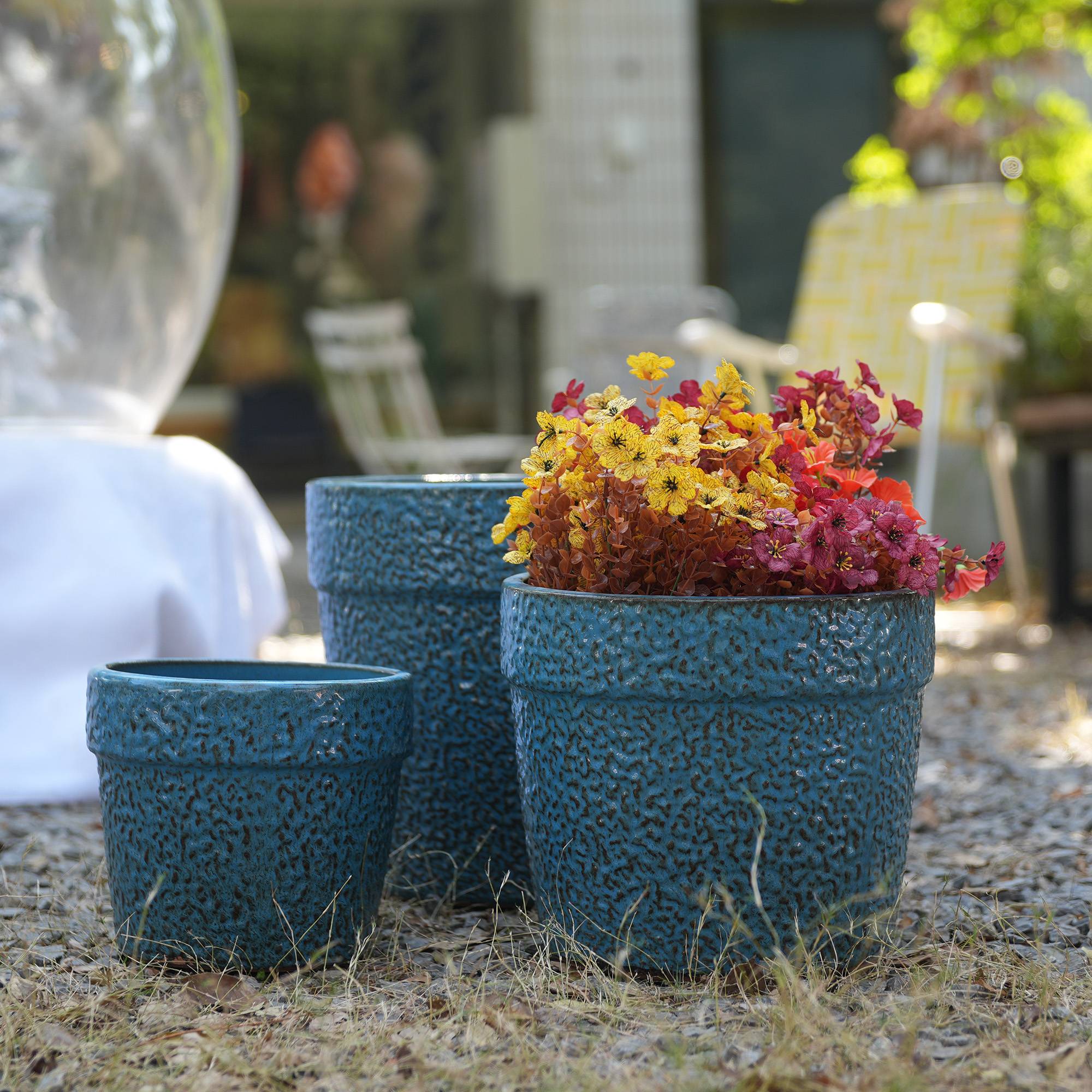 Lot de 3 pots de fleurs en céramique pour intérieur et extérieur avec drainage Bleu Antique - ComfortXL Outdoor Living