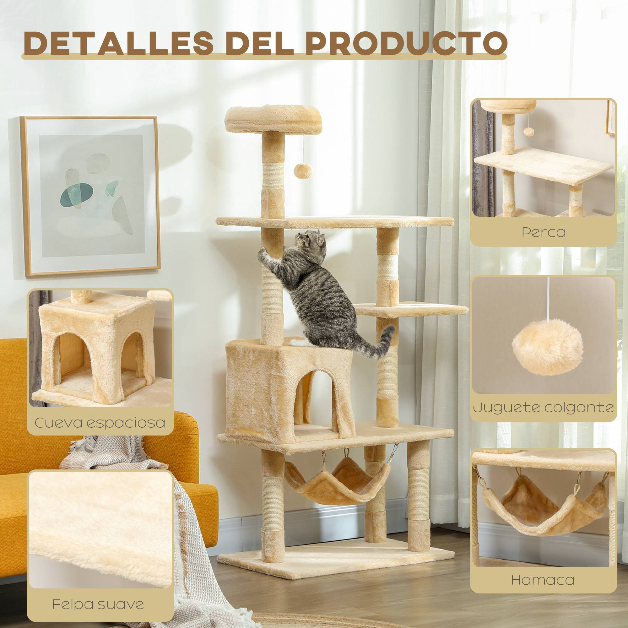 Arbre à chat géant 70 x 40 x 152 cm avec plusieurs plateformes, hamac et poteaux, beige - Image 8