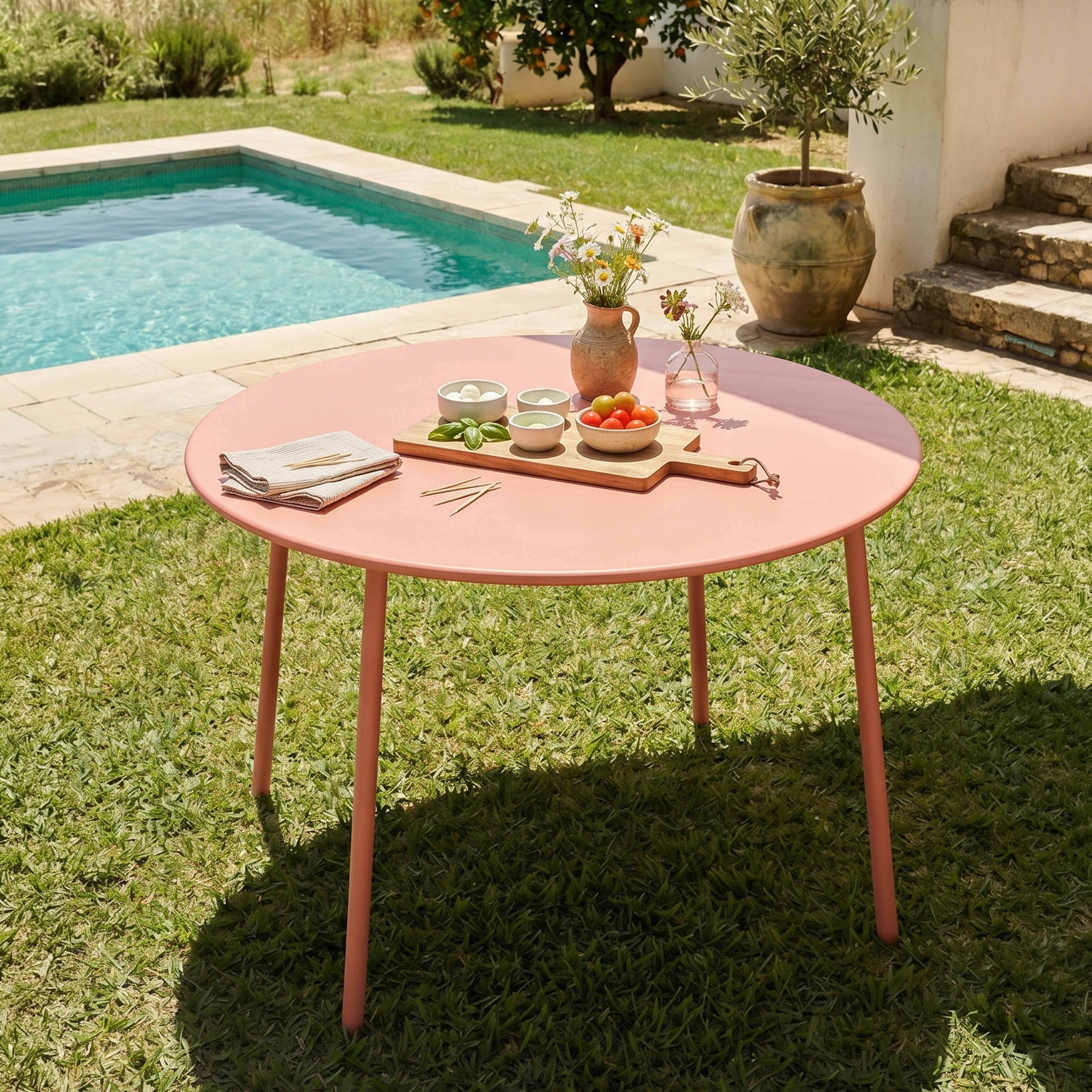 Oviala - Ensemble table de jardin ronde et 6 fauteuils acier argile Palavas - Oviala - Imagen 3