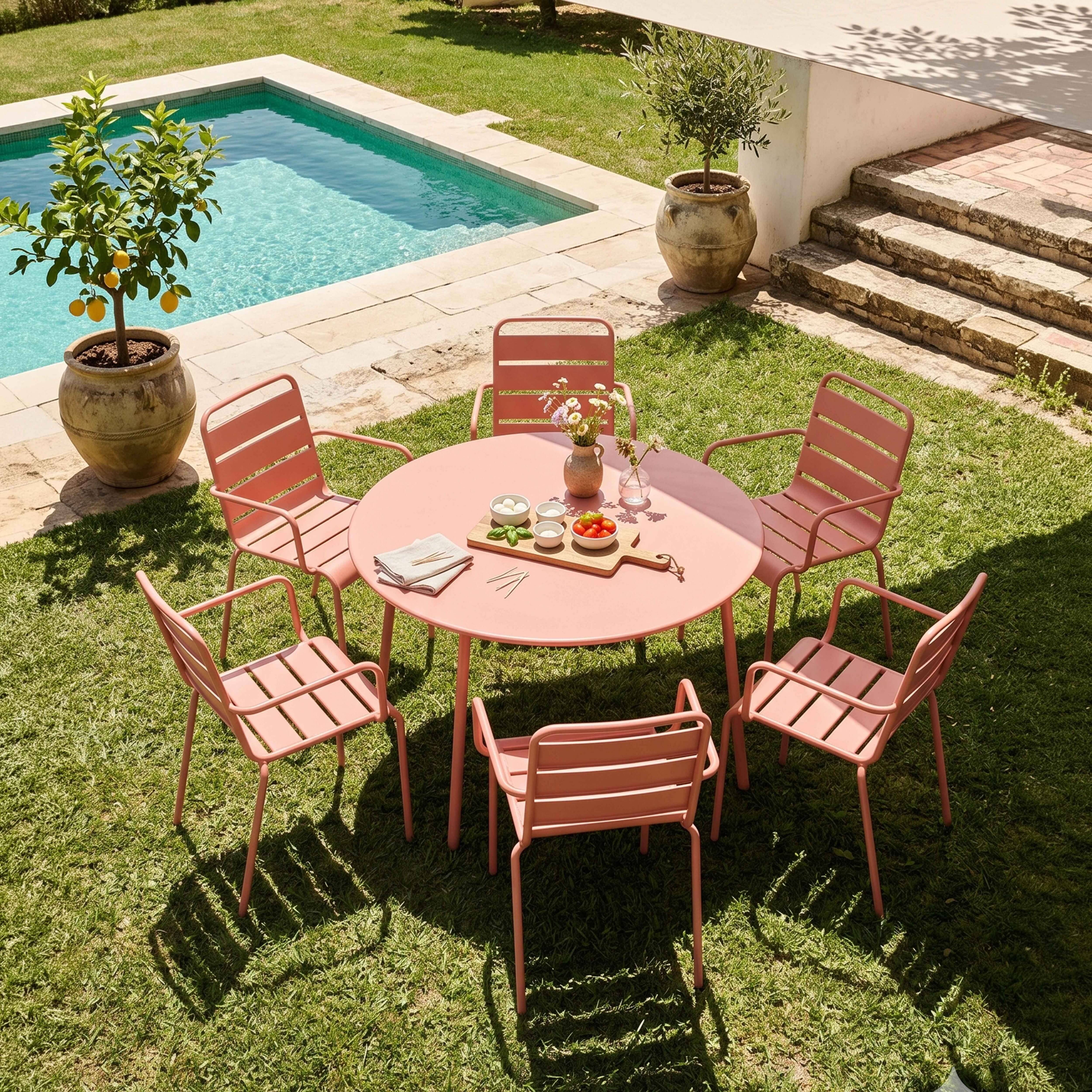 Oviala - Ensemble table de jardin ronde et 6 fauteuils acier argile Palavas - Oviala - Imagen 2