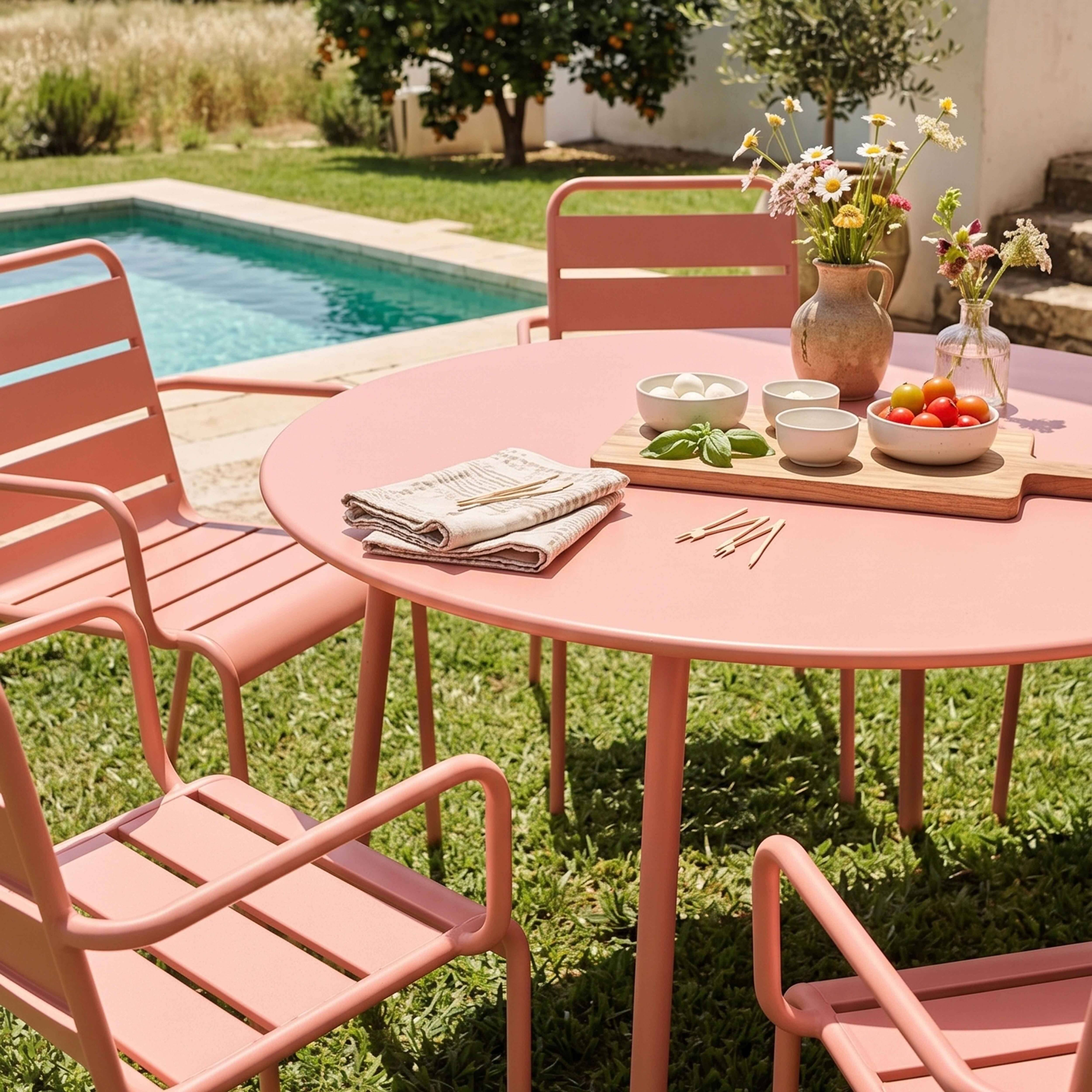 Oviala - Ensemble table de jardin ronde et 6 fauteuils acier argile Palavas - Oviala - Imagen 4
