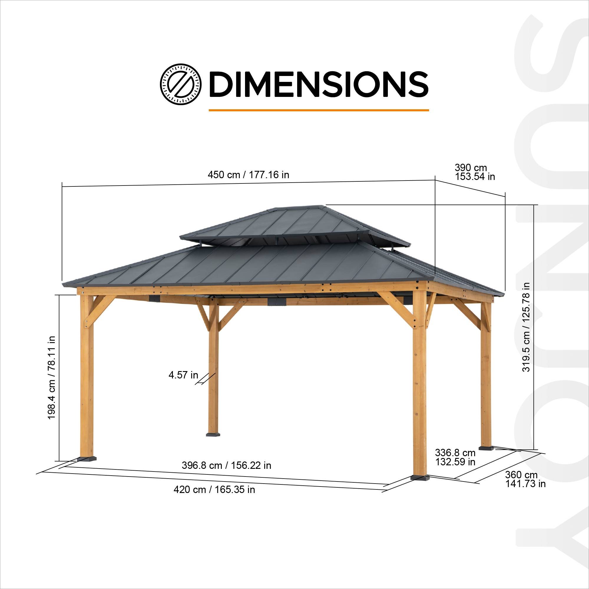 Gazebo en bois de cèdre TRIVOR - 390 cm x 450 cm, anthracite - Image 3