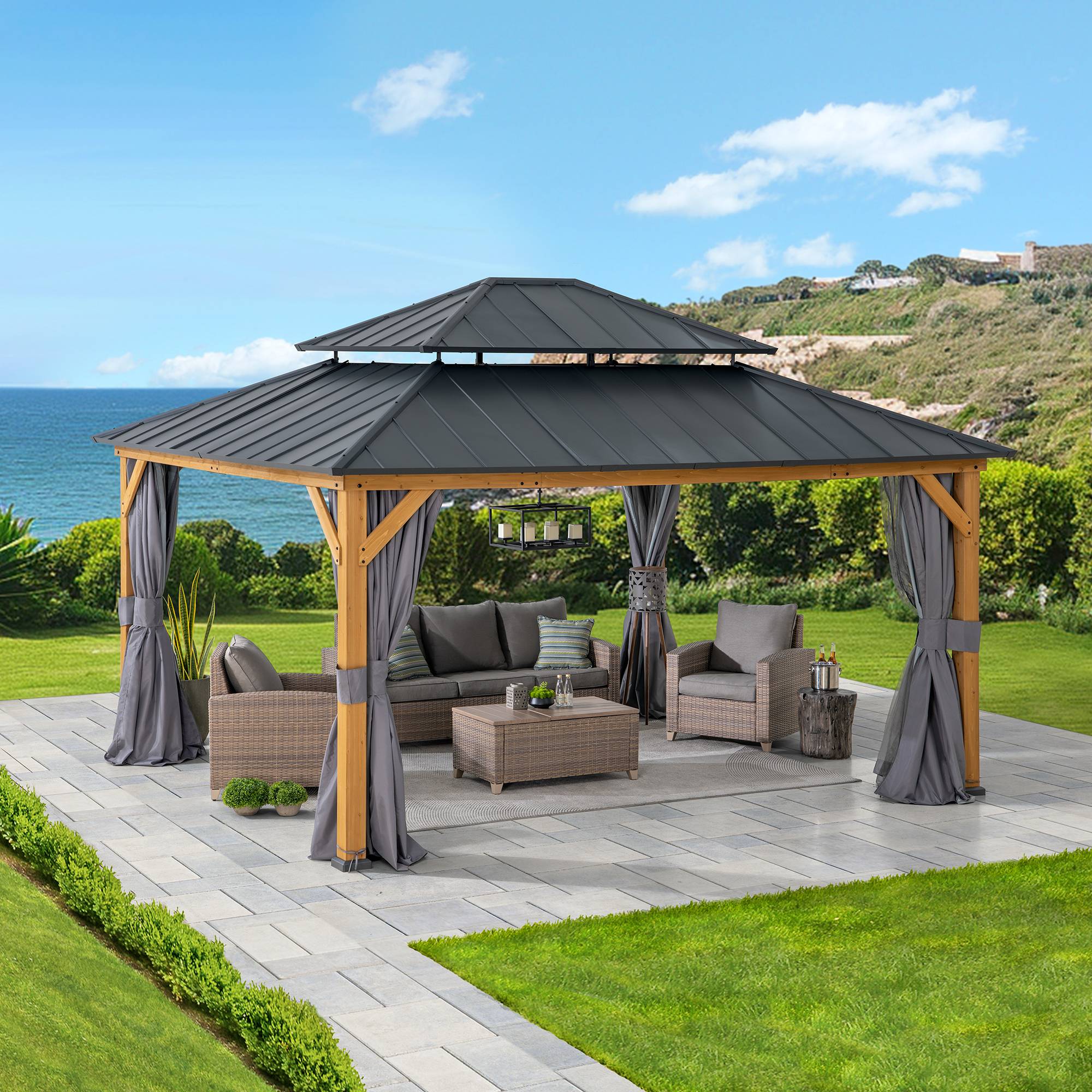 Gazebo en bois de cèdre TRIVOR - 390 cm x 450 cm, anthracite - Image 2