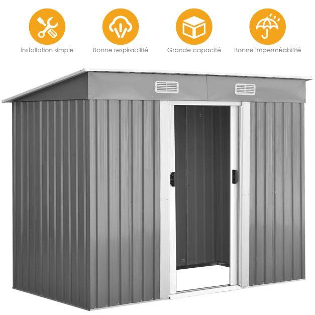 Helloshop26 - Abri de jardin à l'extérieur en acier galvanisé avec 2 portes 4 bouches d'aération pour stocker outils 238 x 131 x 181cm gris+blanc - Imagen 2