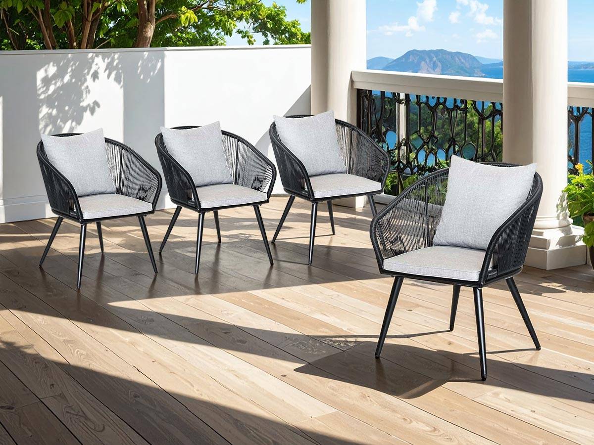 Lot de 4 Fauteuil de jardin en résine tressée structure en alu noir + coussin gris Comores - Jardiline - Imagen 2