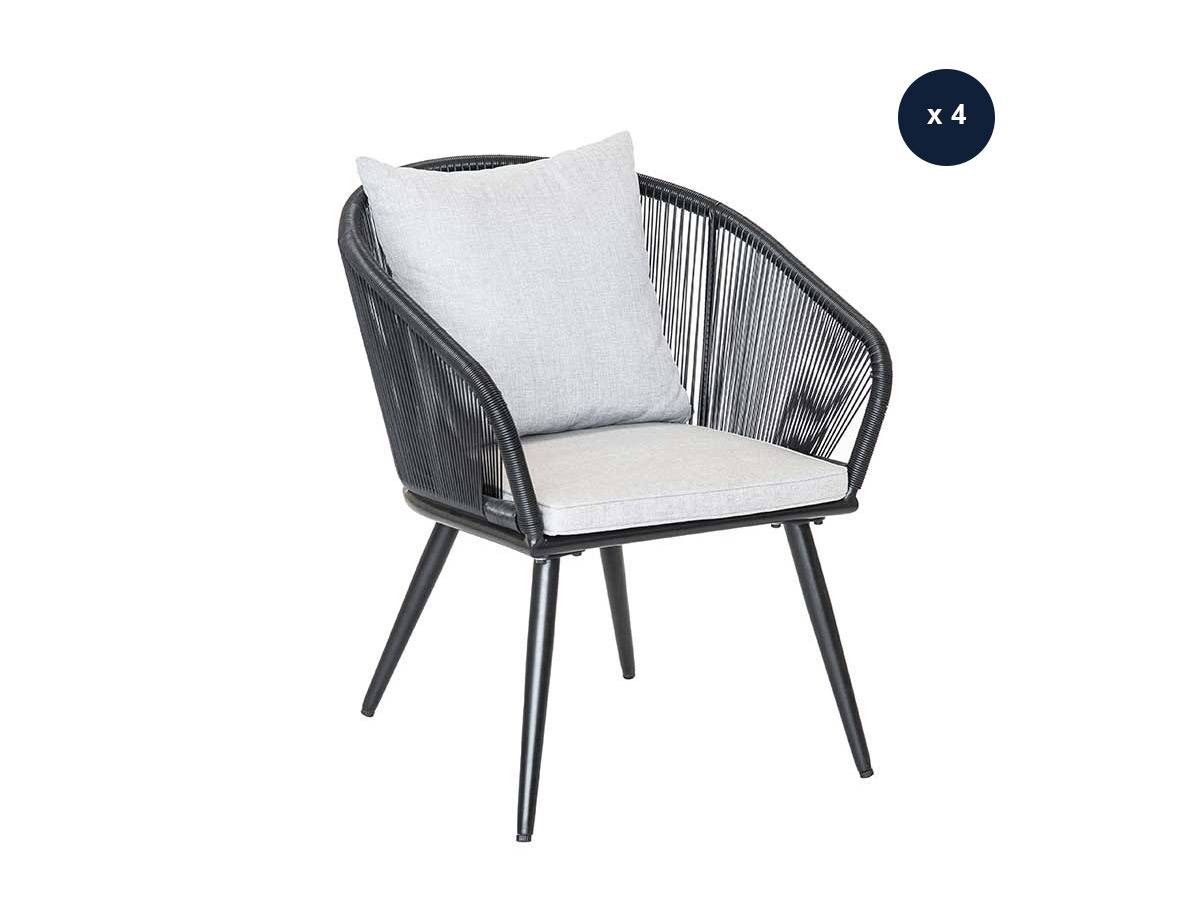 Lot de 4 Fauteuil de jardin en résine tressée structure en alu noir + coussin gris Comores - Jardiline - Imagen 1