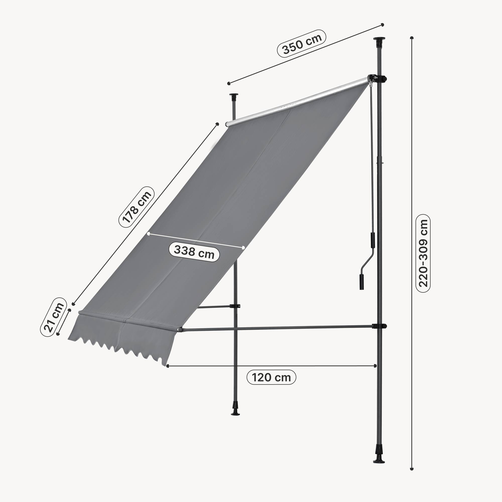 Pro.Tec - Store Banne Téléscopique Acier Polyester 350 x 120 x 220-309 cm Gris Ardoise [pro.tec] - Imagen 3