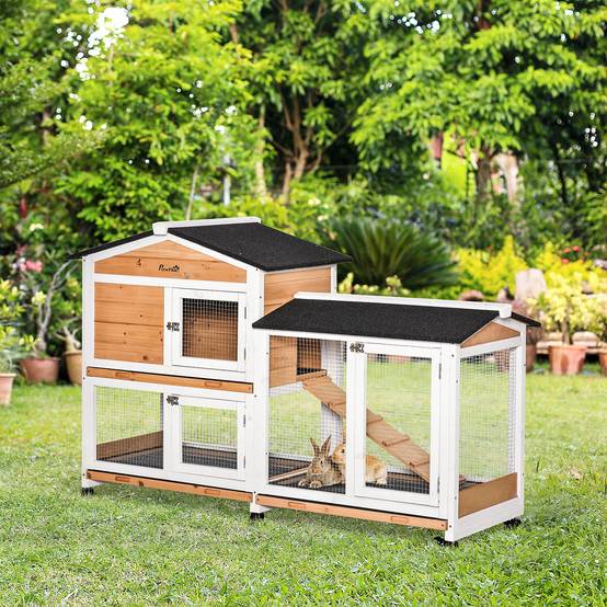 Sans Marque - Clapier lapins 2 niveaux filet protection bois/métal/goudron 157,4x53x99,5 cm jaune/blanc/noir - Image 3