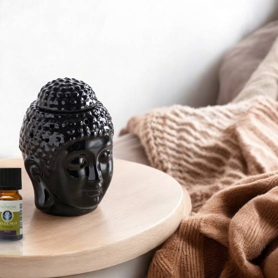 Brûle-Parfum Céramy Bouddha Dhyana Noir - Objet artisanal Zen -Aromathérapie facile - Déco FengShui - Tête Bouddha - 40 ml - Image 2