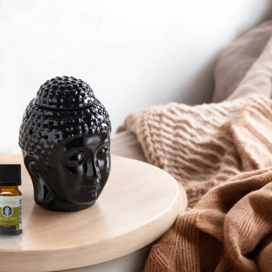 Brûle-Parfum Céramy Bouddha Dhyana Noir - Objet artisanal Zen -Aromathérapie facile - Déco FengShui - Tête Bouddha - 40 ml - Image 2