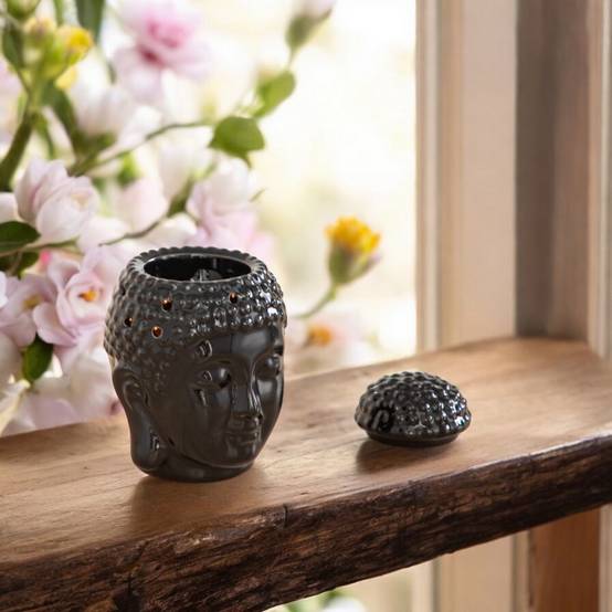 Brûle-Parfum Céramy Bouddha Dhyana Noir - Objet artisanal Zen -Aromathérapie facile - Déco FengShui - Tête Bouddha - 40 ml - Image 3