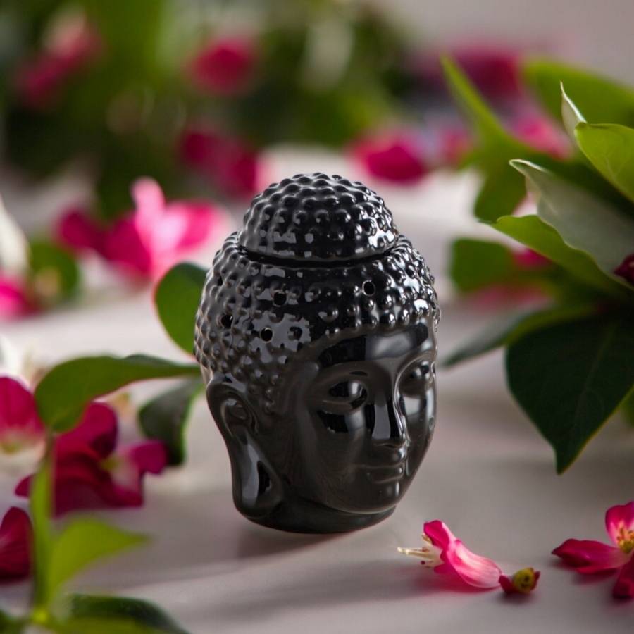 Brûle-Parfum Céramy Bouddha Dhyana Noir - Objet artisanal Zen -Aromathérapie facile - Déco FengShui - Tête Bouddha - 40 ml - Image 1