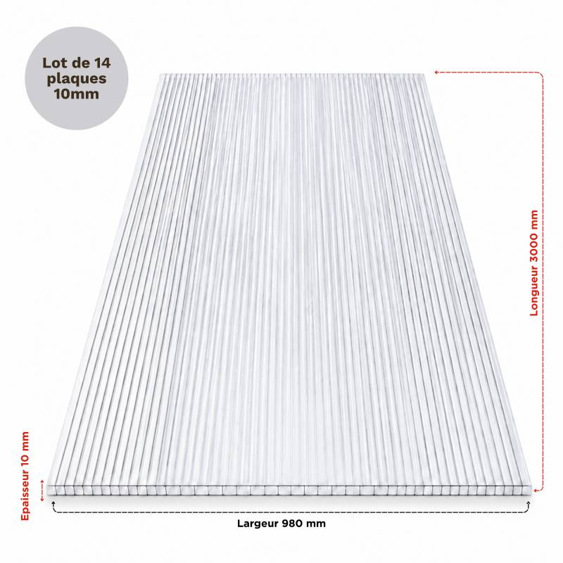 Lot 14 plaques polycarbonate 10 mm - 3000 x 980 mm alvéolaire translucide - Coloris - Translucide, Largeur - 98 cm, Longueur - 300 cm - Image 2