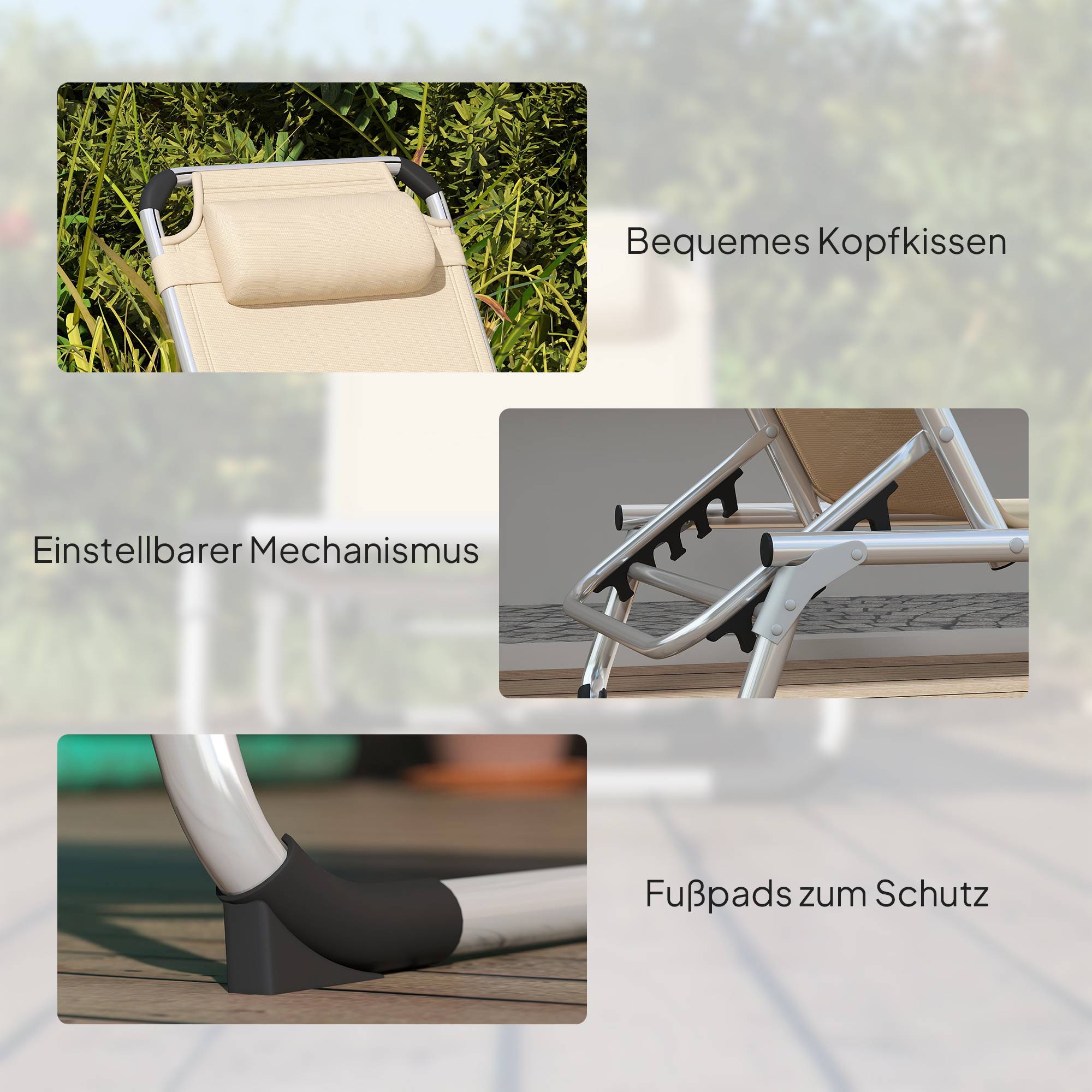 Transat pliable de jardin beige avec appui-tête, fauteuil inclinable 4 positions, aluminium, charge 120 kg, plage, terrasse - Image 10