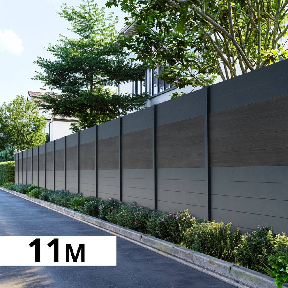 Kit Clôture Aluminium BAHIA & CRUZ Ardoise 11,03x1,8m - Bois Composite & Aluminium - Poteaux Gris - Brise Vue - Palissade