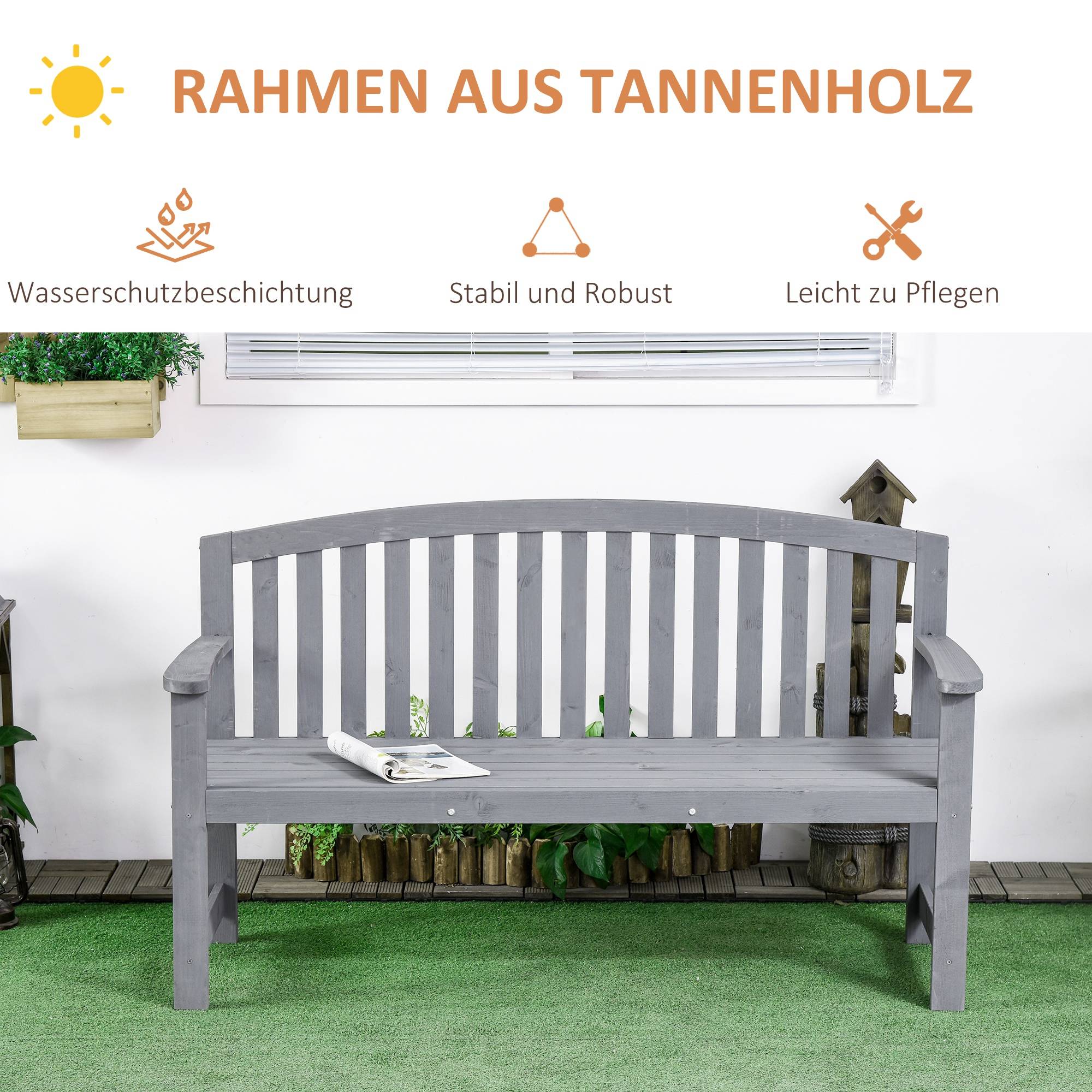 Banc de jardin 2 places en bois, résistant aux intempéries, avec dossier, charge maximale 240 kg, 143 x 51 x 85 cm, gris - Image 7