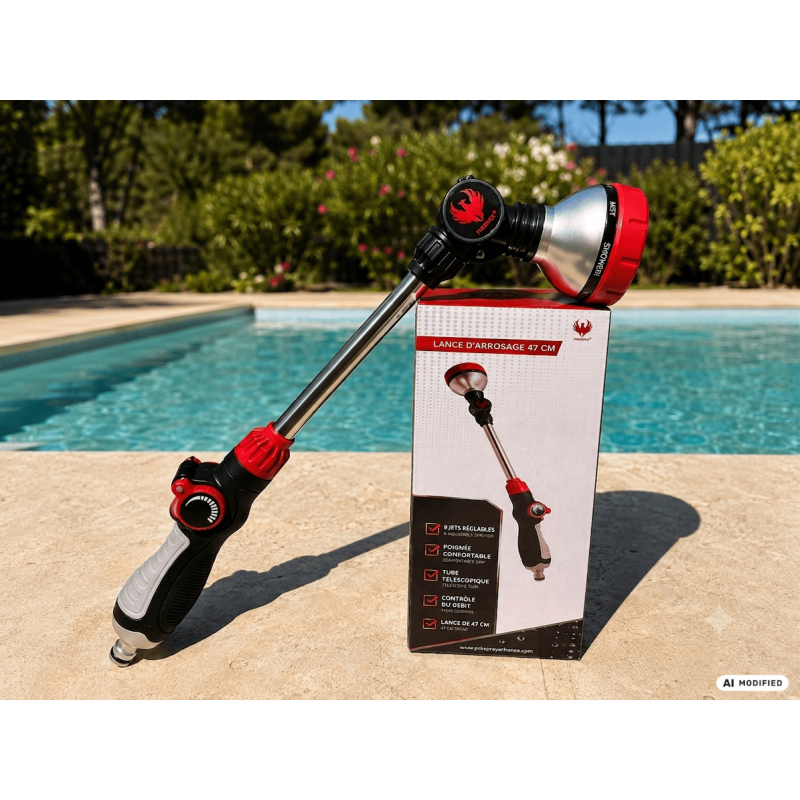 Lance d'arrosage PHOENIX 48 cm - acier inoxydable, 8 jets réglables, tête orientable 180° - Image 1