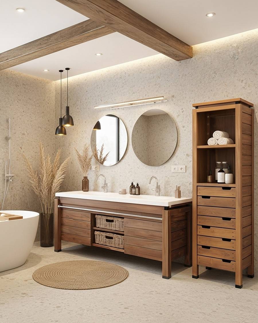 BORNÉO - Meuble en teck et marbre terrazzo blanc 165 cm - UNIQKA - Imagen 2