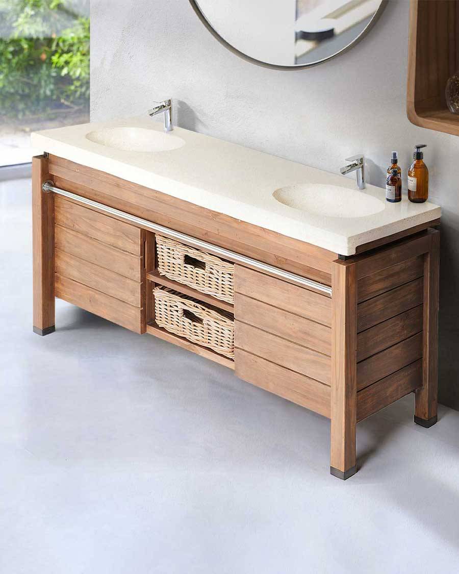BORNÉO - Meuble en teck et marbre terrazzo blanc 165 cm - UNIQKA - Imagen 9