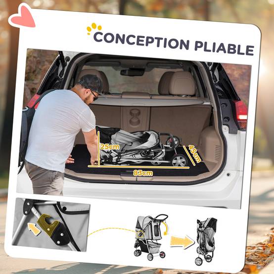 Chariot Pliable pour Animaux, Poussette Chien Chat en Acier et Oxford 600D, Panier de Rangement, Roues Freinées, Gris, 75 x 45 x 97 cm - Image 7
