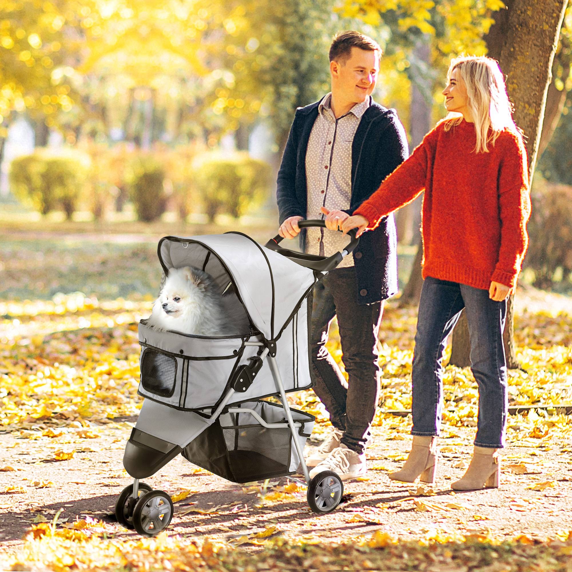 Chariot Pliable pour Animaux, Poussette Chien Chat en Acier et Oxford 600D, Panier de Rangement, Roues Freinées, Gris, 75 x 45 x 97 cm - Image 4