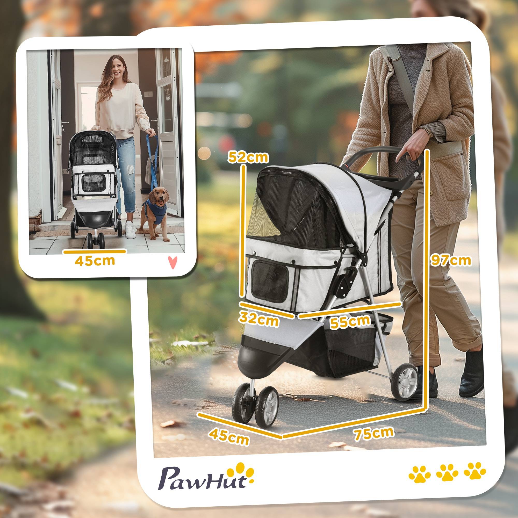 Chariot Pliable pour Animaux, Poussette Chien Chat en Acier et Oxford 600D, Panier de Rangement, Roues Freinées, Gris, 75 x 45 x 97 cm - Image 5