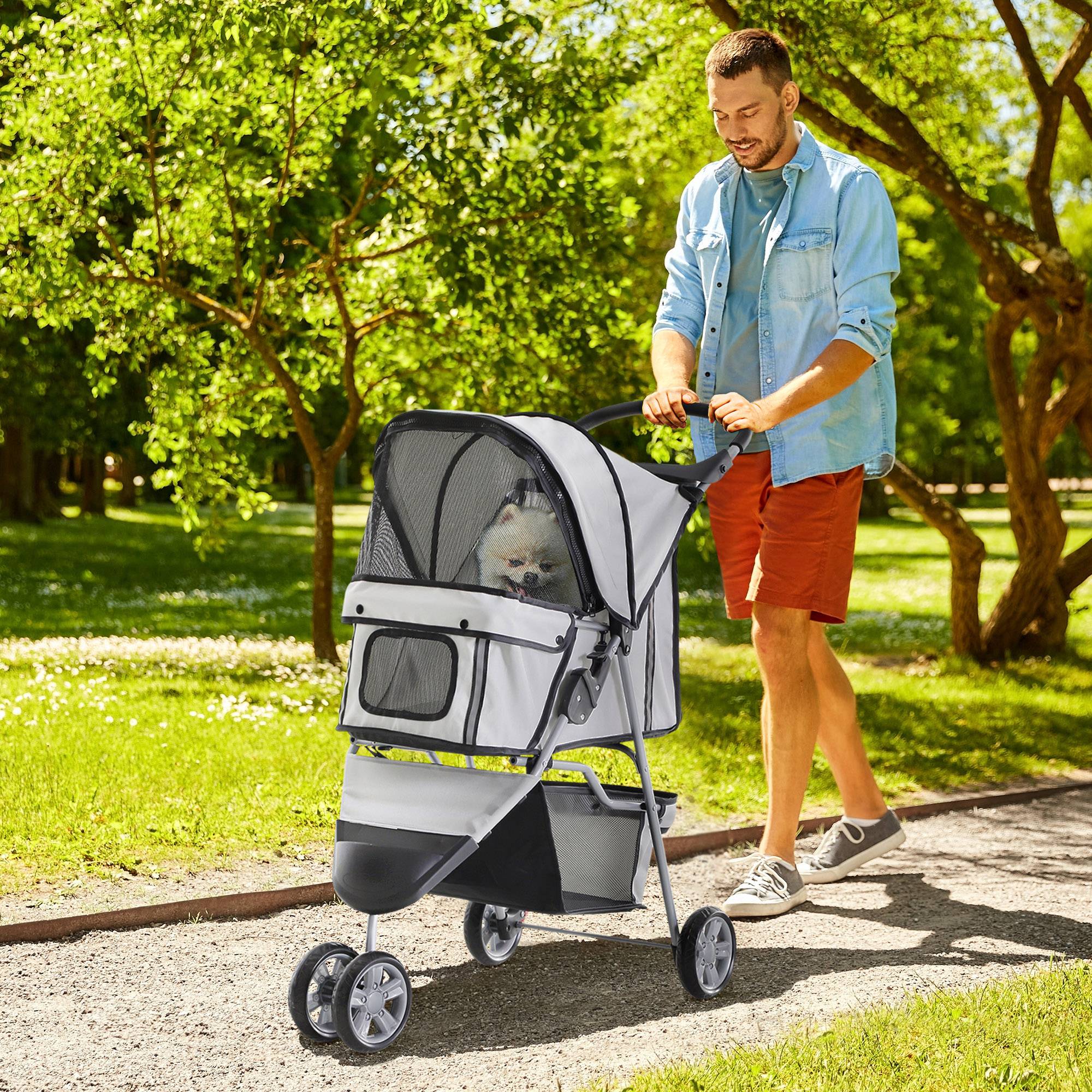 Chariot Pliable pour Animaux, Poussette Chien Chat en Acier et Oxford 600D, Panier de Rangement, Roues Freinées, Gris, 75 x 45 x 97 cm - Image 3