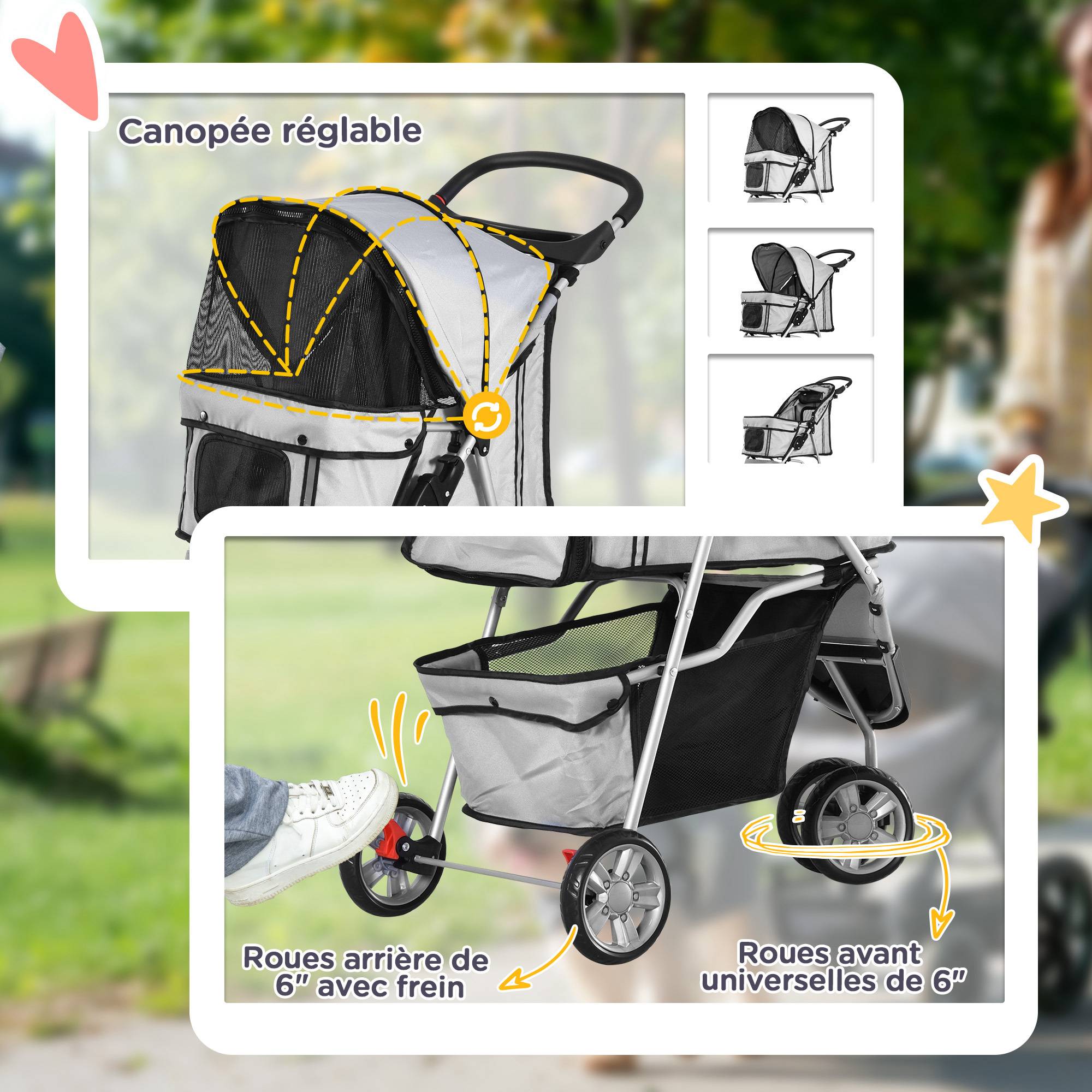 Chariot Pliable pour Animaux, Poussette Chien Chat en Acier et Oxford 600D, Panier de Rangement, Roues Freinées, Gris, 75 x 45 x 97 cm - Image 8