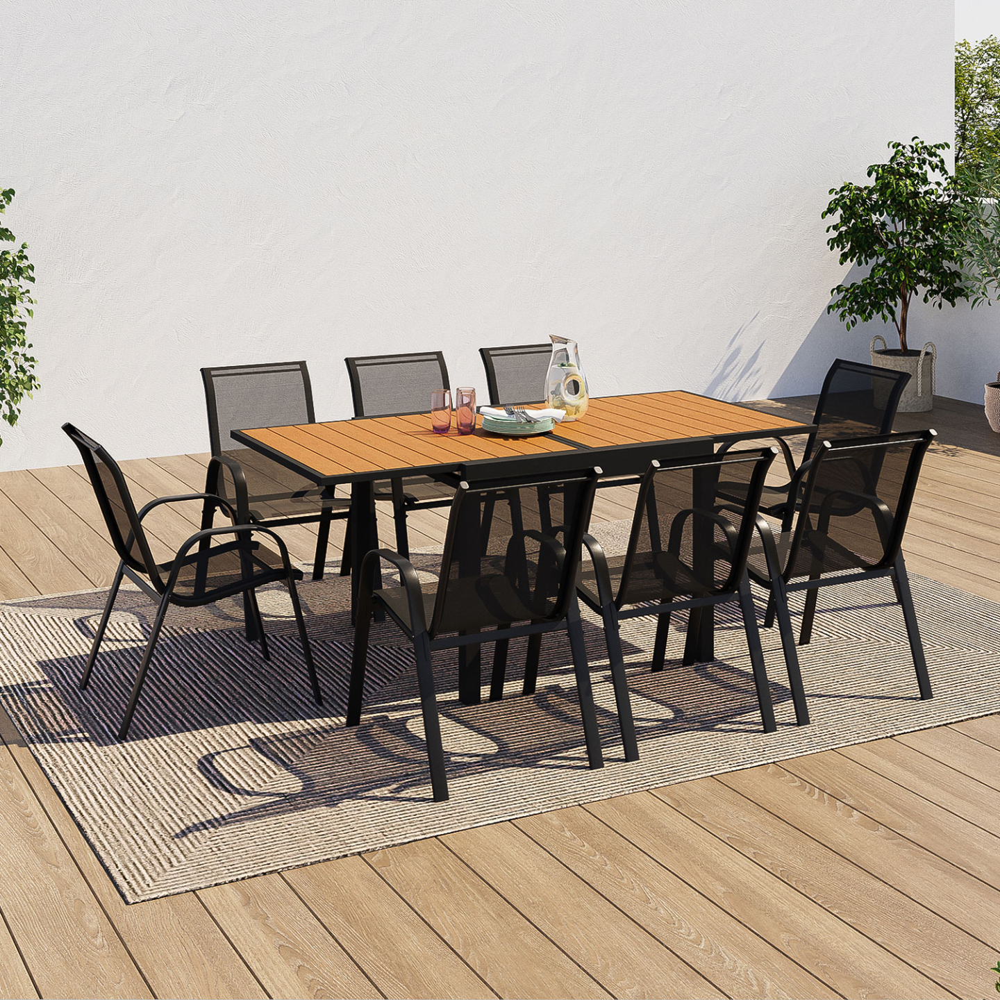 Salon de jardin POLY table extensible 90-180 CM et 8 chaises bois et noir - Image 1