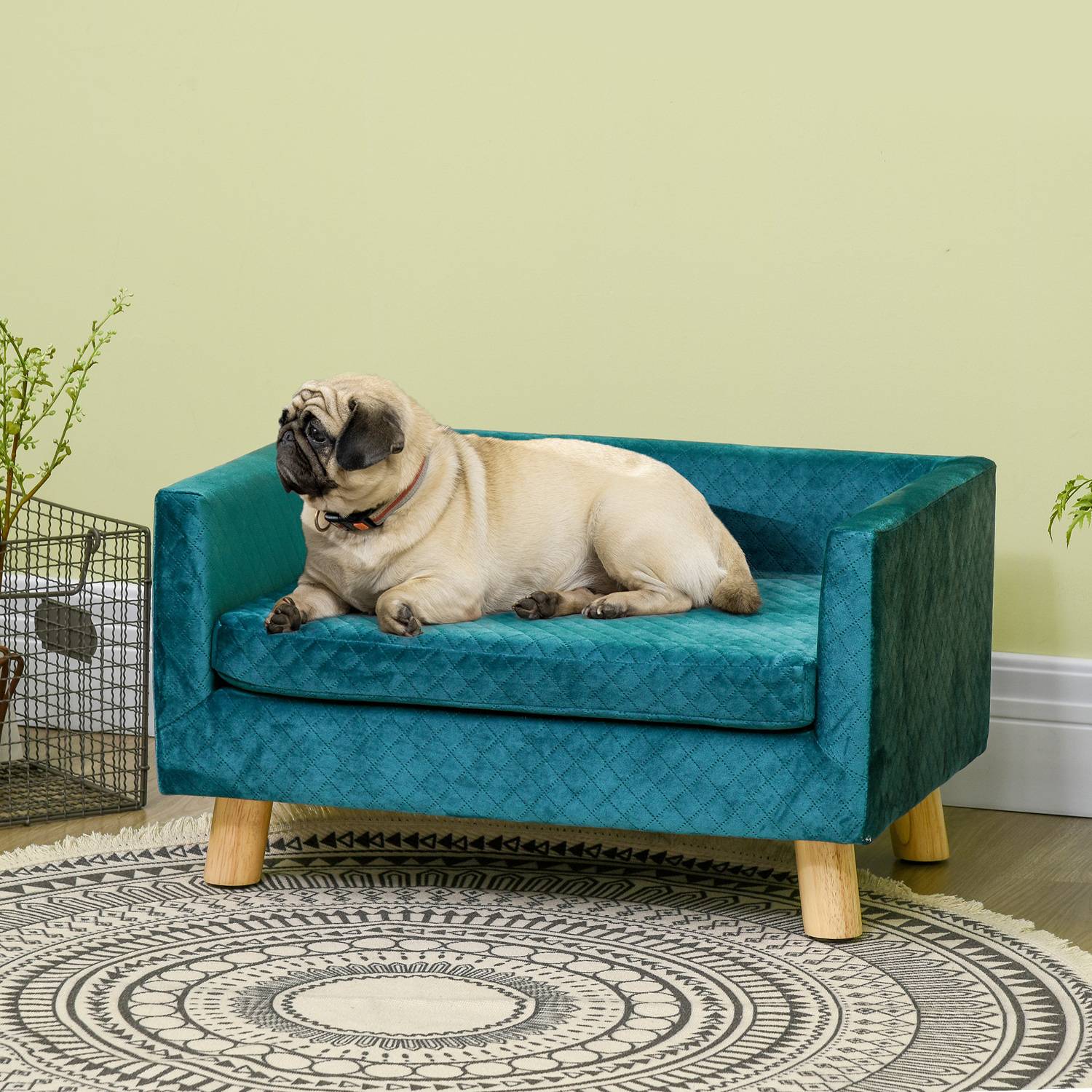 Sans Marque - Canapé chien lit chien divan velours dossier pieds bois coussin jusqu'à 8 kg 64x45x36 cm bleu - Image 4