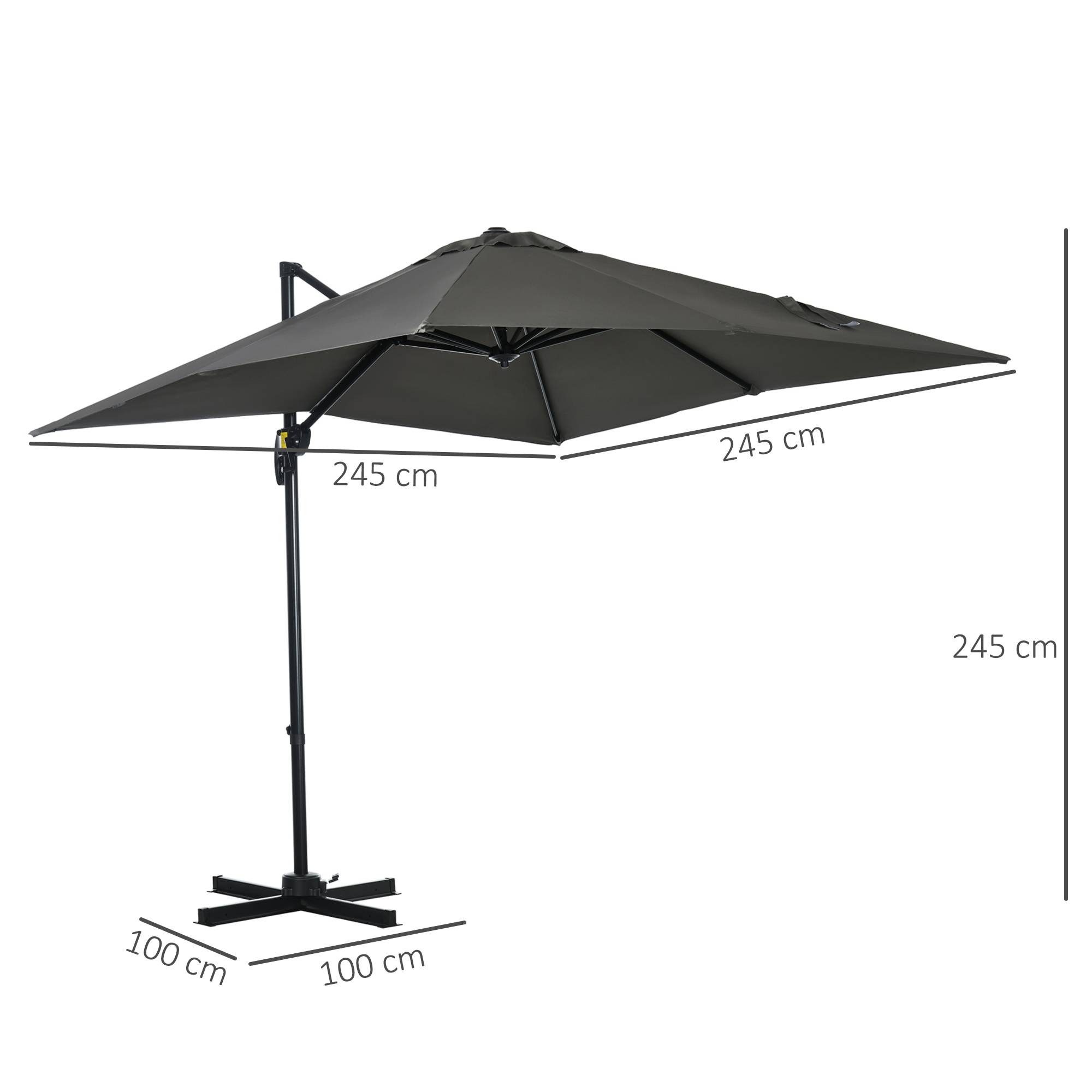 Parasol déporté carré inclinable manivelle avec pied en acier 2,5x2,5l m alu. polyester gris fr310 - Image 5