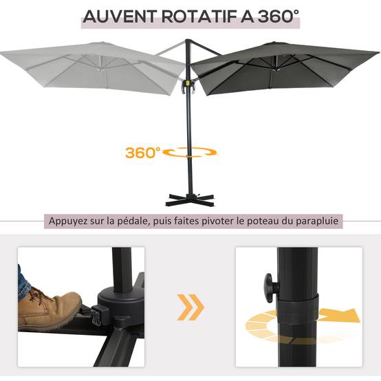Parasol déporté carré inclinable manivelle avec pied en acier 2,5x2,5l m alu. polyester gris fr310 - Image 6