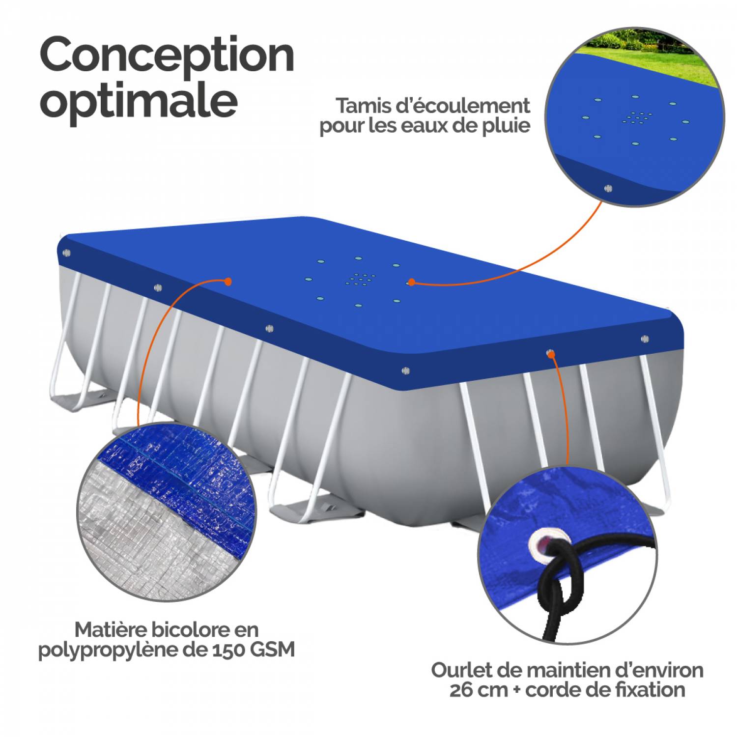 Linxor - Bâche de protection réversible 4 saisons pour piscine hors sol - Rectangle 2 x 3 m - 150 gsm - Bleu et gris - Linxor - Imagen 3