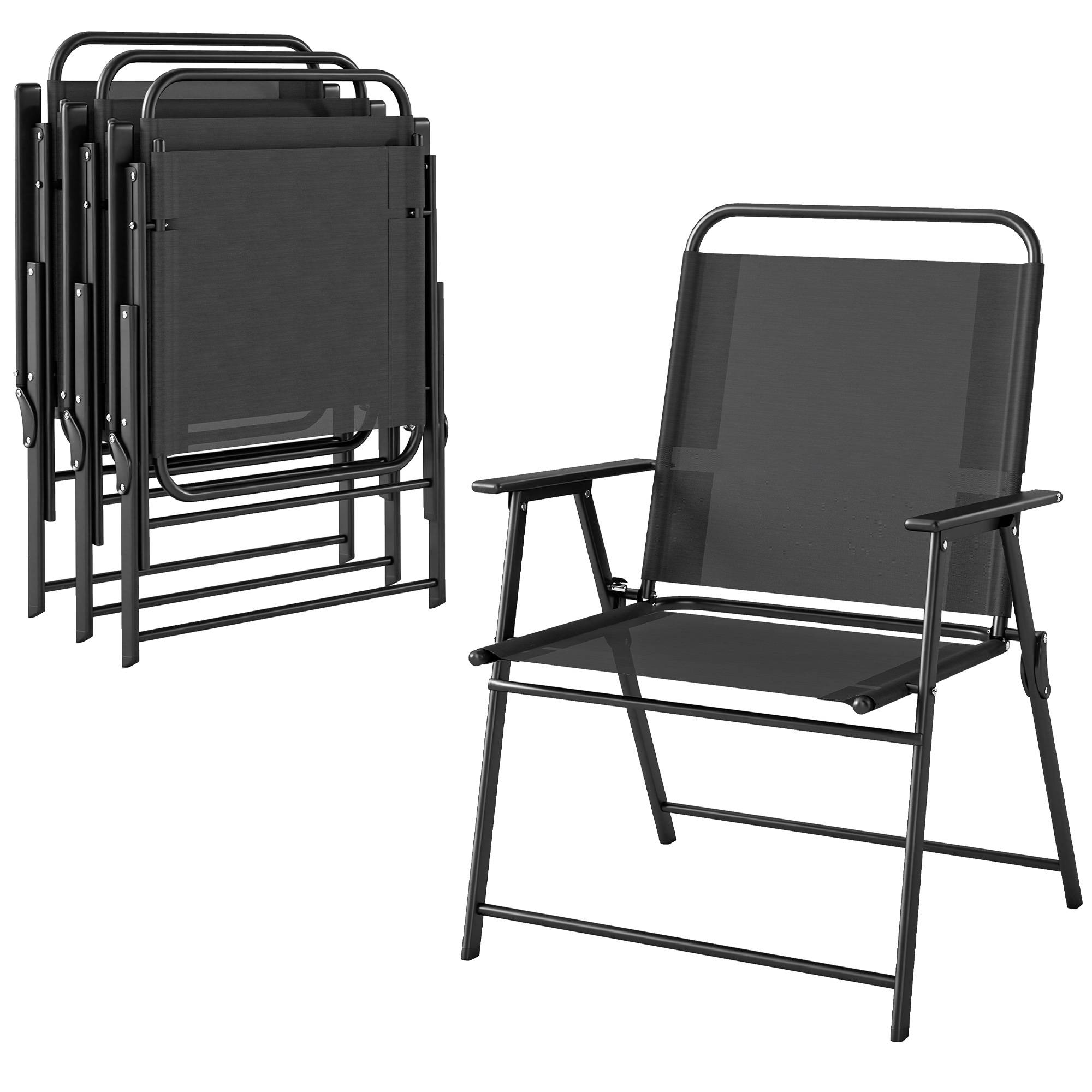 Lot de 4 chaises de camping pliantes avec dossier haut, assise large et accoudoirs, en tissu textilène respirant, noires - Image 1