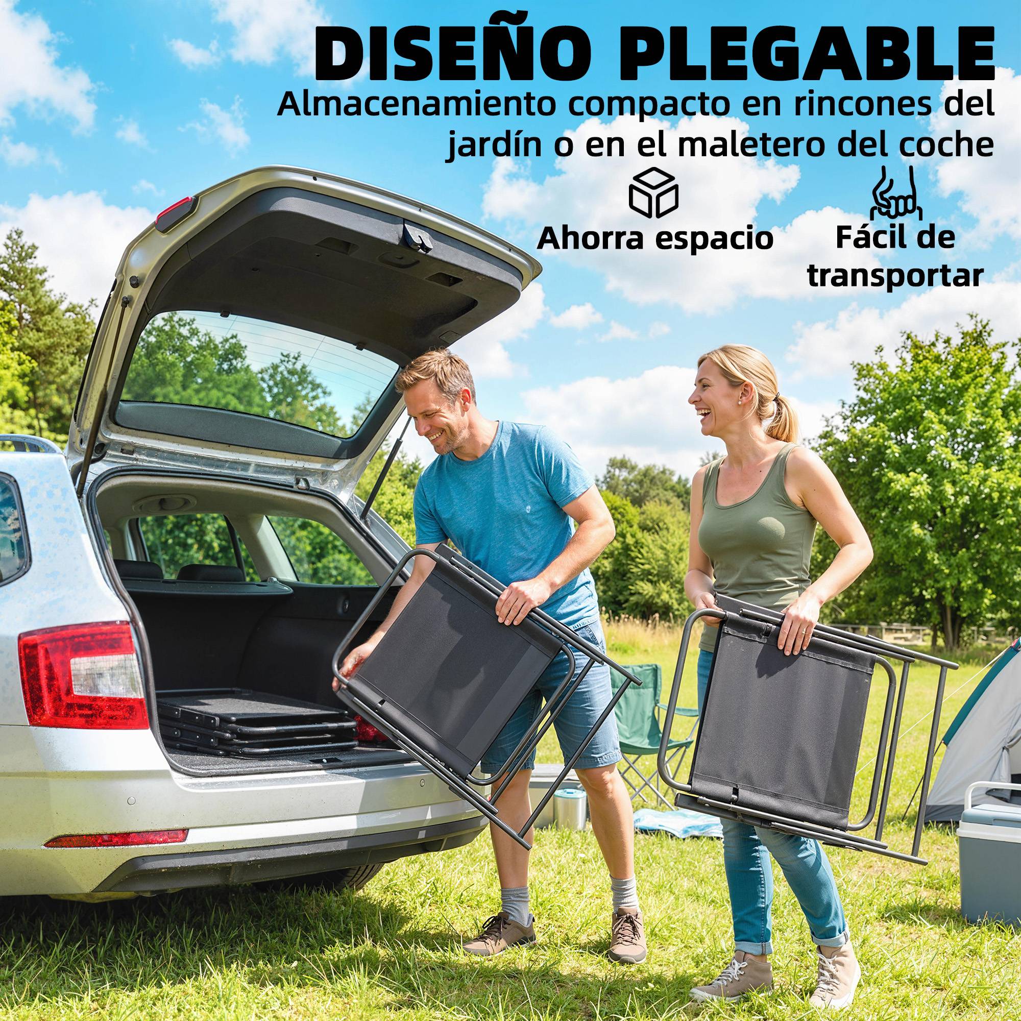 Lot de 4 chaises de camping pliantes avec dossier haut, assise large et accoudoirs, en tissu textilène respirant, noires - Image 6