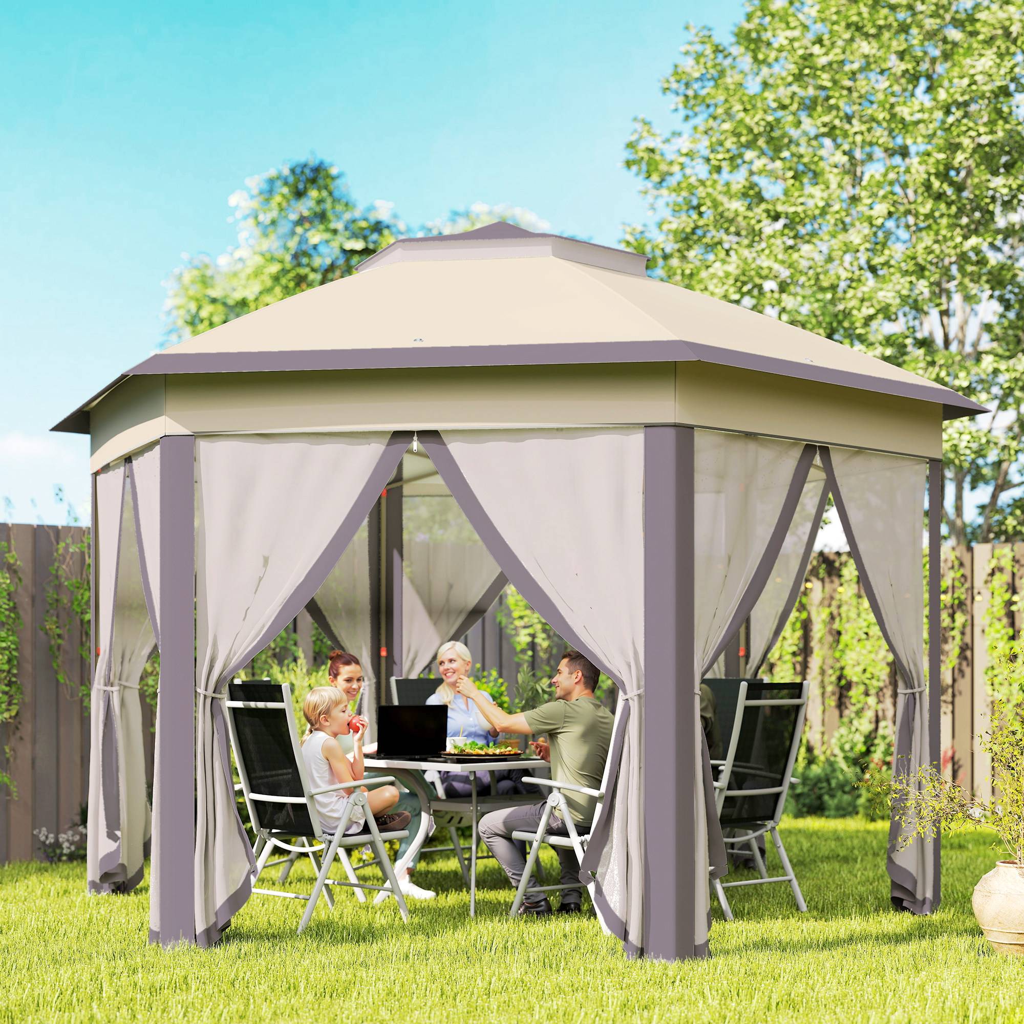 Tente pliante 4 x 3,4 m avec double toit, 6 moustiquaires amovibles et sac de transport anti-UV, marron et beige - Image 3